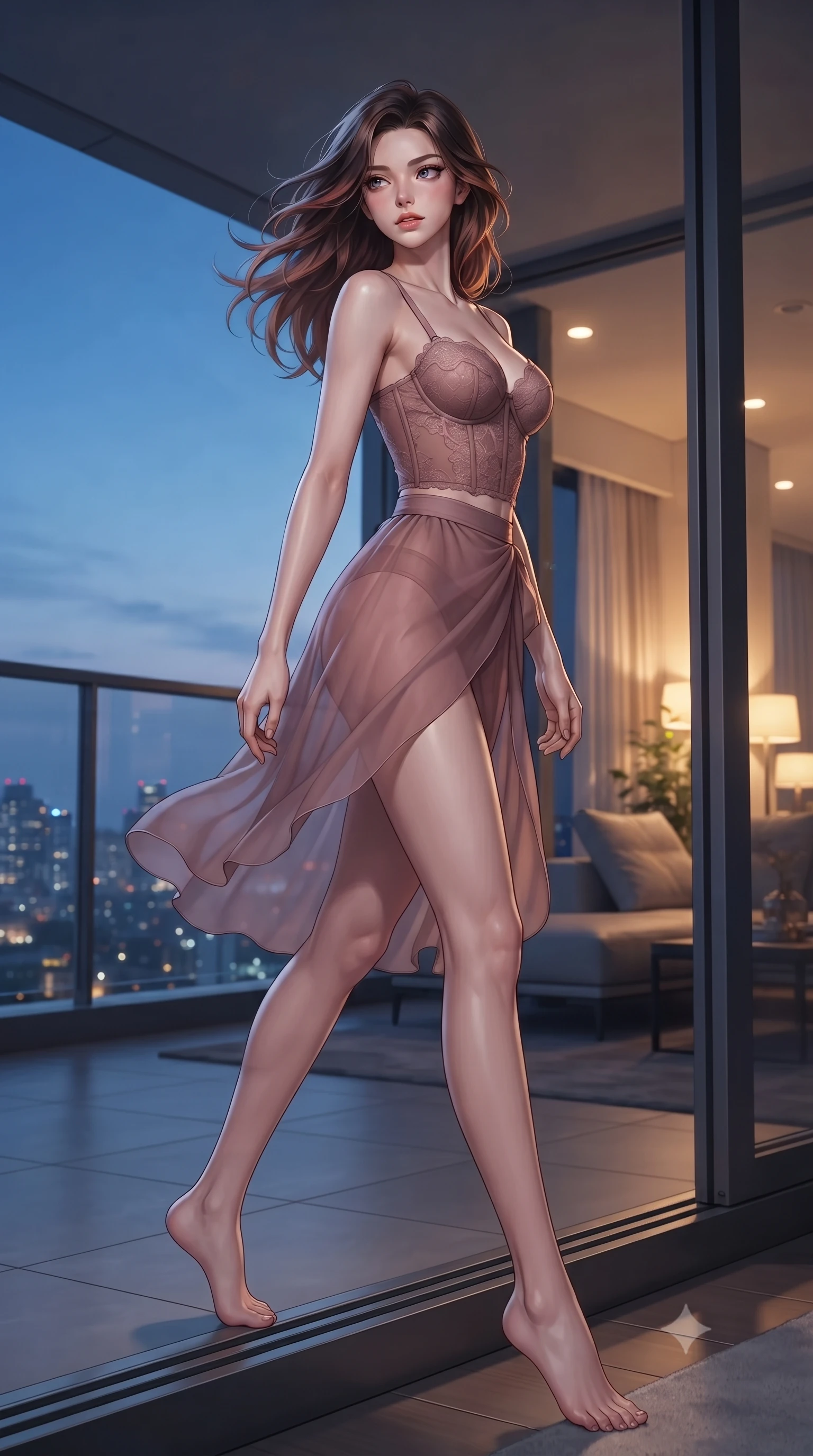 score_9, masterpiece, best quality, ultra-detailed, high-budget anime keyframe, editorial fashion photography, tasteful artistic composition, Korean woman woman. low angle full-body shot from head to toe showing her feet, filling the entire 9:16 vertical frame with her statuesque presence, stretching her vertical silhouette. stepping gracefully while looking back over her shoulder, her dress draped tightly to reveal her silhouette the background shows a soft-focus a modern apartment balcony overlooking a distant glittering city skyline at dusk. She has an absolutely perfect, statuesque 8.5-heads proportion, an exceptionally tall and slender model-like female figure with impossibly long slender legs and an ultra-slim waist. sharp v-shaped jawline, high-bridge nose, intricate jewel-like eyes with depth, thick eyelashes, glossy lips with a natural sheen. wearing a slim-fit delicate lace corset-style bustier top in dusty rose, paired with a sheer chiffon wrap skirt. the cool blue twilight sky contrasting with the warm golden lights of the room inside. ultra-reflective glossy finish, specular highlights, metallic sheen, high-contrast stereoscopic depth, volumetric dynamic lighting, 2k, ultra detail, master piece, 9:16 ratio