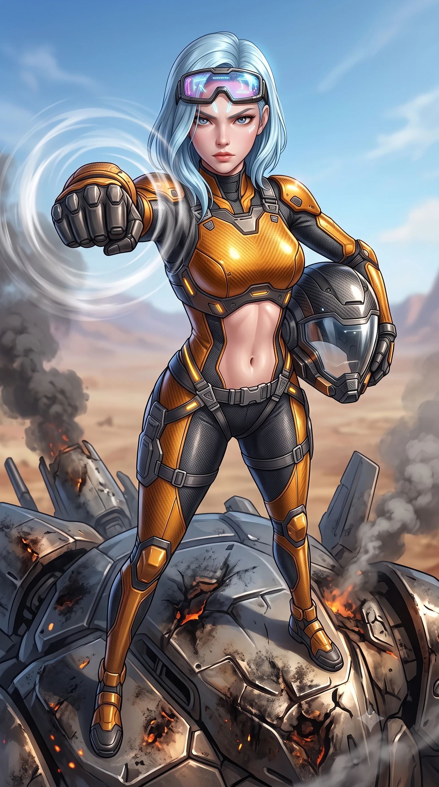 score_9, masterpiece, best quality, ultra-detailed, high-budget anime keyframe, semi-realistic 3D game render, editorial fashion photography, tasteful artistic composition, Korean woman. close-up cowboy shot from the waist and thighs up, the character dominates the composition, filling the frame with her large presence. thrusting a high-speed kinetic punch toward the camera, a visible conical shockwave distortion wrapping around her armored forearm while standing victorious atop the smoking armored carapace of a defeated colossal war-mech, holding her opened modular helmet under one arm. The surrounding environment is rendered in vivid detail and crisp panoramic clarity. detailed carbon helmet shell textures, transparent visor reflections, and scorched titanium armor plates in deep focus. She has an exceptionally elegant, slender, and willowy female figure with an ultra-slim waist, a gracefully sculpted slender torso, toned flat midriff, and a refined slim silhouette. sharp v-shaped jawline, high-bridge nose, intricate jewel-like eyes with depth, thick eyelashes, glossy lips with a natural sheen, fierce and resolute heroine expression, flawlessly proportioned anatomical accuracy, strict slender model proportions, natural body alignment, perfectly sculpted long slender limbs, ultra-slim waistline, clean dynamic posture without body distortion. wearing high-tech holographic tactical goggles resting tipped up on her forehead, casting glowing neon runes across her brow without obscuring her features, paired with a tailored tactical combat jumpsuit with an open-back harness design, reinforced composite breastplate, and high-mobility elbow dampers in molten amber-gold carbon cuirass with dark gunmetal weave, made of liquid carbon-jersey fabric accentuating every curve of her tall, slender model proportions, reinforced by a heavy-duty titanium tactical harness and glowing micro-energy status straps, the glove-like aerodynamic second-skin fit tightly clinging to her ultra-slender waist and athletic curves without adding bulk, accentuating her razor-sharp statuesque lines and slim hourglass silhouette. illuminated by crisp specular highlights sharply tracing her sculpted flat midriff, waist, and long slender legs. rich saturated anime colors with glowing neon highlights, detailed shading with soft gradients, rich glossy textures, high-contrast stereoscopic depth, volumetric dynamic lighting, master piece, 9:16 ratio