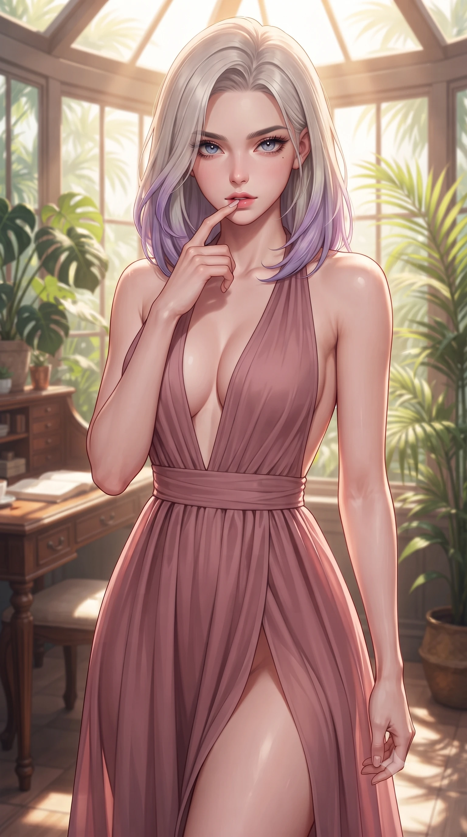 score_9, masterpiece, best quality, ultra-detailed, high-budget anime keyframe, editorial fashion photography, tasteful artistic composition, Caucasian woman. close-up cowboy shot from the waist and thighs up, the character dominates the composition, filling the frame with her large presence, background elements kept in soft focus. pressing one finger to her bottom lip in a thoughtful, seductive gesture under the warm sun the background shows a soft-focus a quiet writing desk in a sunroom facing a tropical conservatory. She has an exceptionally elegant, slender, and willowy female figure with an ultra-slim waist, a gracefully sculpted slender torso, and a refined silhouette. sharp v-shaped jawline, high-bridge nose, intricate jewel-like eyes with depth, thick eyelashes, glossy lips with a natural sheen. wearing a form-contouring deep plunging-V neck maxi dress in dusty rose chiffon with a bold halter neck and low-cut back. bright morning sun rays creating fresh and energetic shadows. highly saturated vibrant anime colors, detailed shading with soft gradients, rich glossy textures, high-contrast stereoscopic depth, volumetric dynamic lighting, master piece, 9:16 ratio
