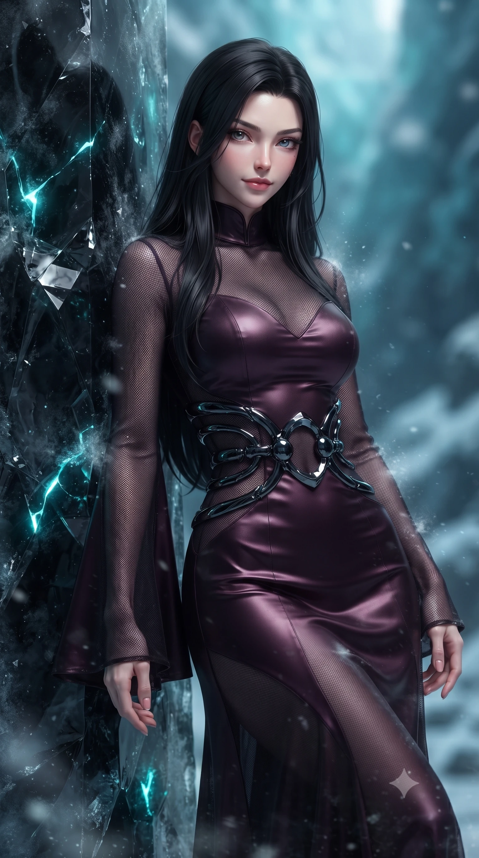 score_9, masterpiece, best quality, ultra-detailed, high-budget anime keyframe, editorial fashion photography, tasteful artistic composition, Korean woman. close-up cowboy shot from the waist and thighs up, the character dominates the composition, filling the frame with her large presence, background elements kept in soft focus. Smiling with quiet, magnetic self-assurance directly into the camera, resting against a razor-sharp black ice column as frost dust drifts around her, dark translucent ice facets reflecting sharp silver specular highlights. She has an exceptionally elegant, slender, and willowy female figure with an ultra-slim waist, a gracefully sculpted slender torso, and a refined silhouette. sharp v-shaped jawline, high-bridge nose, intricate jewel-like eyes with depth, thick eyelashes, glossy lips with a natural sheen. wearing gothic high-collar dark plum silk evening gown with long bell sleeves in smoky pitch black, made of fine dark contouring mesh, accented with sculpted obsidian chrome rings at the waist, highlighting her statuesque proportions and ultra-slim waistline. illuminated by pulsing cyan electric circuit light piercing black glacier ice. highly saturated vibrant anime colors, detailed shading with soft gradients, rich glossy textures, high-contrast stereoscopic depth, volumetric dynamic lighting, master piece, 9:16 ratio