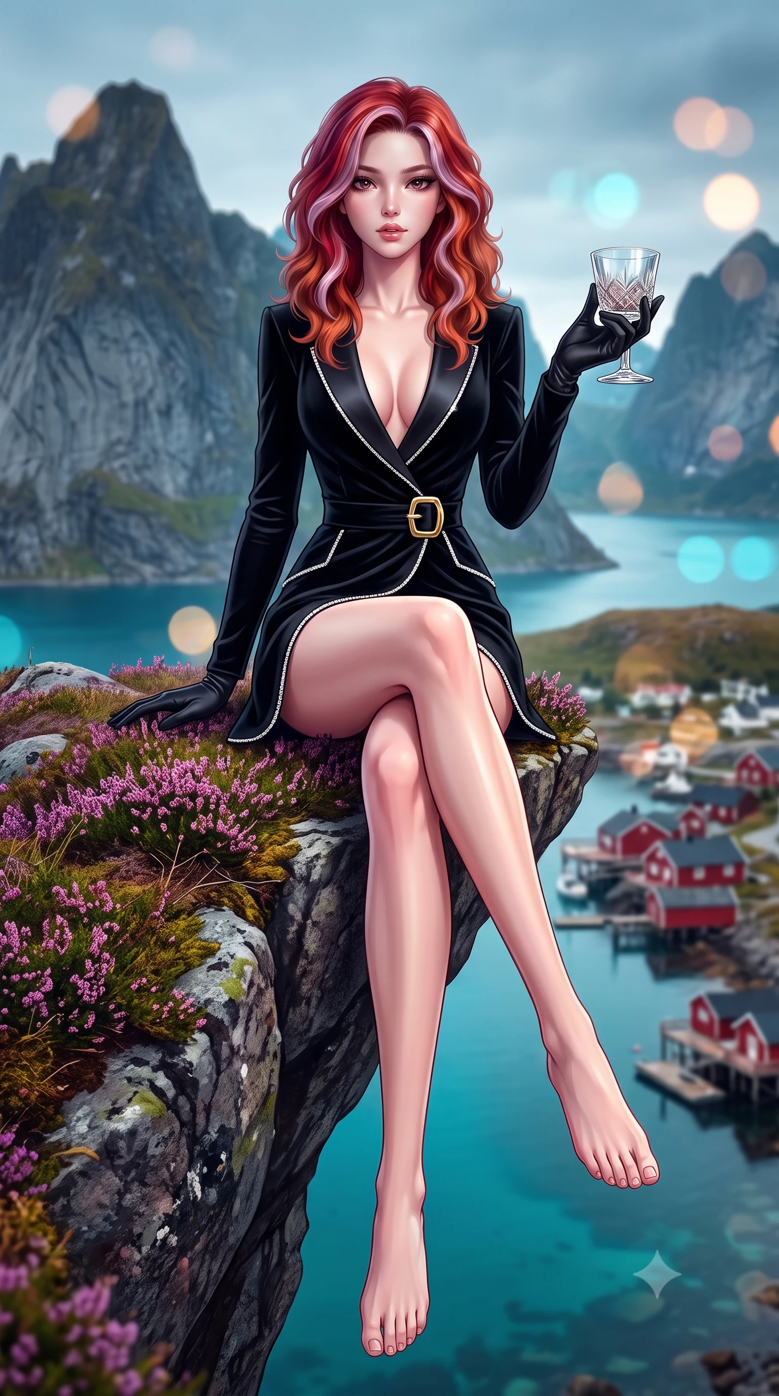 score_9, masterpiece, best quality, ultra-detailed, high-budget anime keyframe, semi-realistic 3D game render, editorial fashion photography, tasteful artistic composition, Caucasian woman. low angle full-body shot from head to toe showing her feet, filling the entire 9:16 vertical frame with her statuesque presence, stretching her vertical silhouette. sitting perched on the elevated edge with hips angled toward the camera and legs crossed, displaying her toned midriff and flawlessly sculpted slender limbs while reclining on the heather-covered mountain ledge with legs crossed, her long slender legs and narrow waist highlighted against the clustered red rorbu cabins below. The composition keeps background elements in soft focus with creamy bokeh. jagged granite peaks rising from turquoise Arctic fjords and red wooden fishing cabins blurred into golden rose, cyan, and deep slate bokeh. She has an exceptionally tall and slender model-like 8.5-heads proportion, an ultra-slim waist, a flat toned midriff, narrow delicate ribcage, and beautifully sculpted feminine hips creating a graceful, slim hourglass silhouette without any bulky heaviness, with impossibly long slender legs. sharp v-shaped jawline, high-bridge nose, intricate jewel-like eyes with depth, thick eyelashes, glossy parted lips with a natural sheen, intensely captivating and seductive bedroom-eyes expression, flawlessly proportioned anatomical accuracy, strict slender model proportions, natural body alignment, perfectly sculpted long slender limbs, ultra-slim waistline, clean dynamic posture without body distortion. wearing a tailored velvet tuxedo jacket dress with satin lapels, worn with a deep plunge neckline and gold hip buckle in pitch-black velvet with diamond crystal trim, tailored from liquid silk jersey adhering flawlessly to her slender build, accessorized with opera-length satin gloves and a vintage crystal glass, the precision-cut side openings and low-back scoop framing her graceful spine and the sensual sweep of her slim, toned hips. illuminated by cool fjord water ambient fill contouring her razor-sharp jawline, narrow waist, and curvy hips. highly saturated vibrant anime colors, detailed shading with soft gradients, rich glossy textures, high-contrast stereoscopic depth, volumetric dynamic lighting, master piece, 9:16 ratio