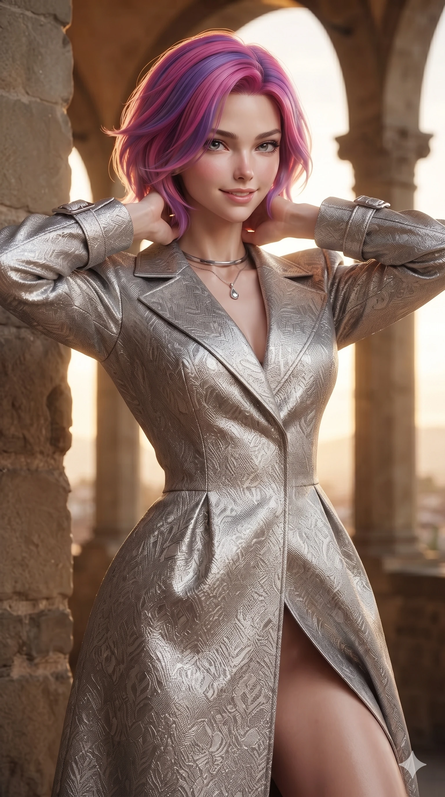 score_9, masterpiece, best quality, ultra-detailed, high-budget anime keyframe, editorial fashion photography, tasteful artistic composition, Caucasian woman. close-up cowboy shot from the waist and thighs up, the character dominates the composition, filling the frame with her large presence. resting both hands lightly behind her neck with elbows raised, arching her spine to highlight her narrow waist, flat midriff, and breathtaking collarbones while turning over a bare shoulder with an intoxicating, teasing smile, her soft hair framing her sharp jawline as her hips angle gracefully beside weathered stone arches. The composition keeps background elements in soft focus with creamy bokeh: golden Tuscan sunset haze softened in historic Renaissance palazzo loggia shallow focus. She has an exceptionally elegant, slender, and willowy female figure with an ultra-slim waist, flat toned midriff, narrow ribcage, and sculpted feminine hips creating an alluring, slim hourglass silhouette without bulk. sharp v-shaped jawline, high-bridge nose, intricate jewel-like eyes with depth, thick eyelashes, glossy parted lips with a natural sheen, intensely captivating and seductive bedroom-eyes expression, flawlessly proportioned anatomical accuracy, strict slender model proportions, natural body alignment, perfectly sculpted long slender limbs, ultra-slim waistline, clean dynamic posture without body distortion. wearing an architectural evening trench coat in metallic jacquard with structured shoulders and horn buckle cuffs in liquid mercury silver and pearl shimmer, woven from structured carbon-fiber jacquard with rich textural depth, finished with a minimalist chrome choker and a single teardrop diamond pendant, the bespoke structured tailoring following the natural line of her 8.5-heads silhouette with refined elegance. illuminated by crisp directional sunset rays sculpting her sculpted clavicle, flat midriff, and rounded hips. ultra-reflective glossy finish, specular highlights, rich textural contrasts, high-contrast stereoscopic depth, volumetric dynamic lighting, 2k, ultra detail, master piece, 9:16 ratio