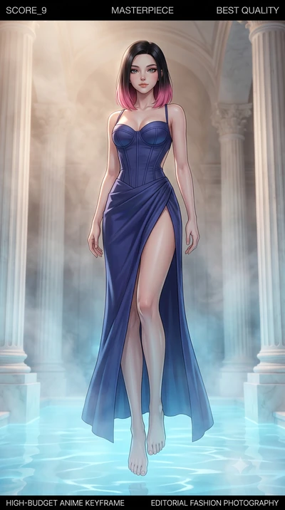 score_9, masterpiece, best quality, ultra-detailed, high-budget anime keyframe, editorial fashion photography, tasteful artistic composition, Korean woman. low angle full-body shot from head to toe showing her feet, filling the entire 9:16 vertical f