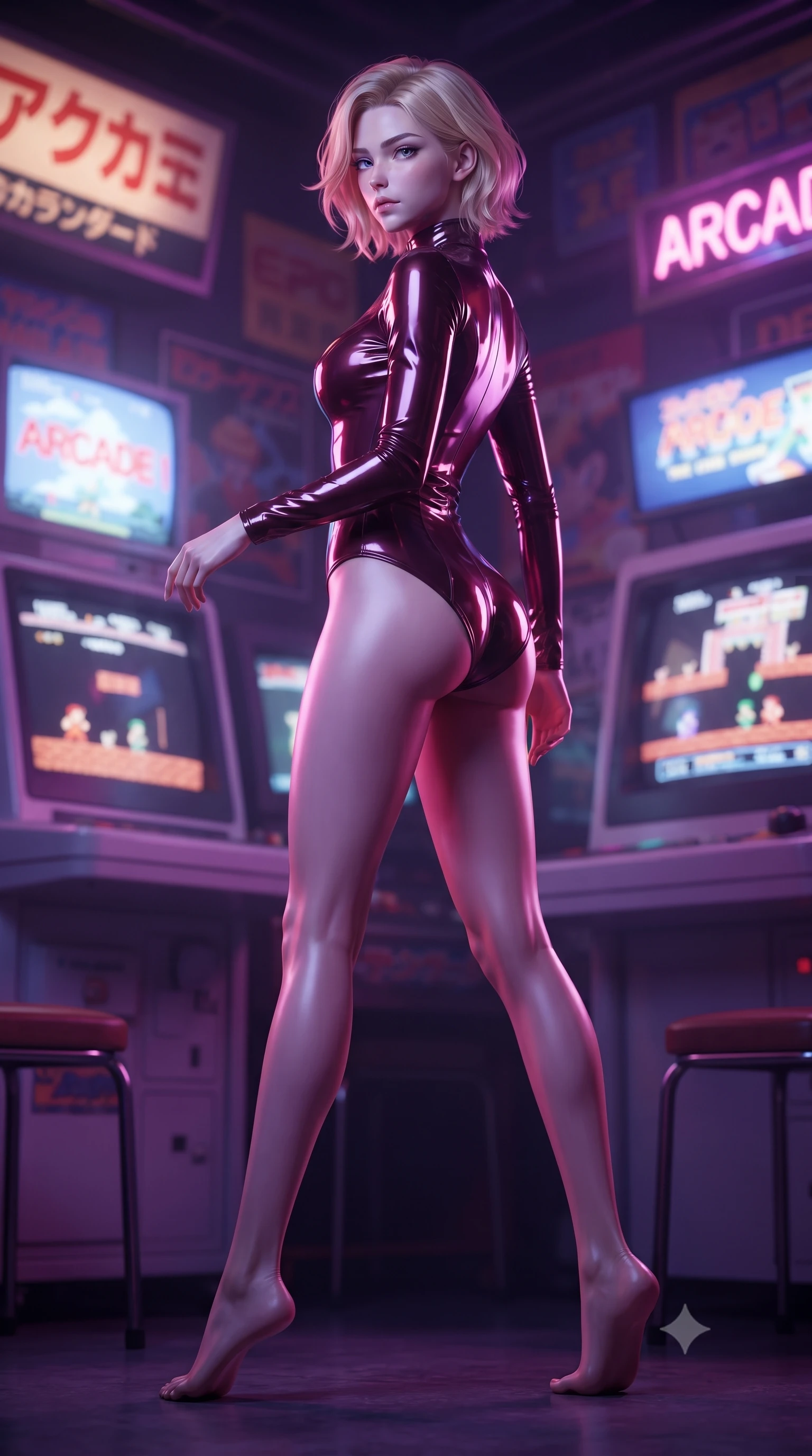 score_9, masterpiece, best quality, ultra-detailed, high-budget anime keyframe, editorial fashion photography, tasteful artistic composition, Caucasian woman woman. low angle full-body shot from head to toe showing her feet, filling the entire 9:16 vertical frame with her statuesque presence, stretching her vertical silhouette. She has an absolutely perfect, statuesque 8.5-heads proportion, an exceptionally tall and slender model-like female figure with impossibly long slender legs and an ultra-slim waist. turning fluidly while glancing back over her shoulder with magnetic intensity and statuesque grace, flawlessly proportioned anatomical accuracy, natural body alignment, perfectly sculpted elegant limbs, clean dynamic posture without body distortion. set against a soft-focus background of a retro cyber arcade filled with glowing CRT screens and neon signs. wearing a form-fitting dark burgundy vinyl bodycon outfit with a high collar line. bathed in strobing violet and electric pink neon lights refracting on her outfit. ultra-reflective glossy finish, specular highlights, metallic sheen, high-contrast stereoscopic depth, volumetric dynamic lighting, 2k, ultra detail, master piece, 9:16 ratio