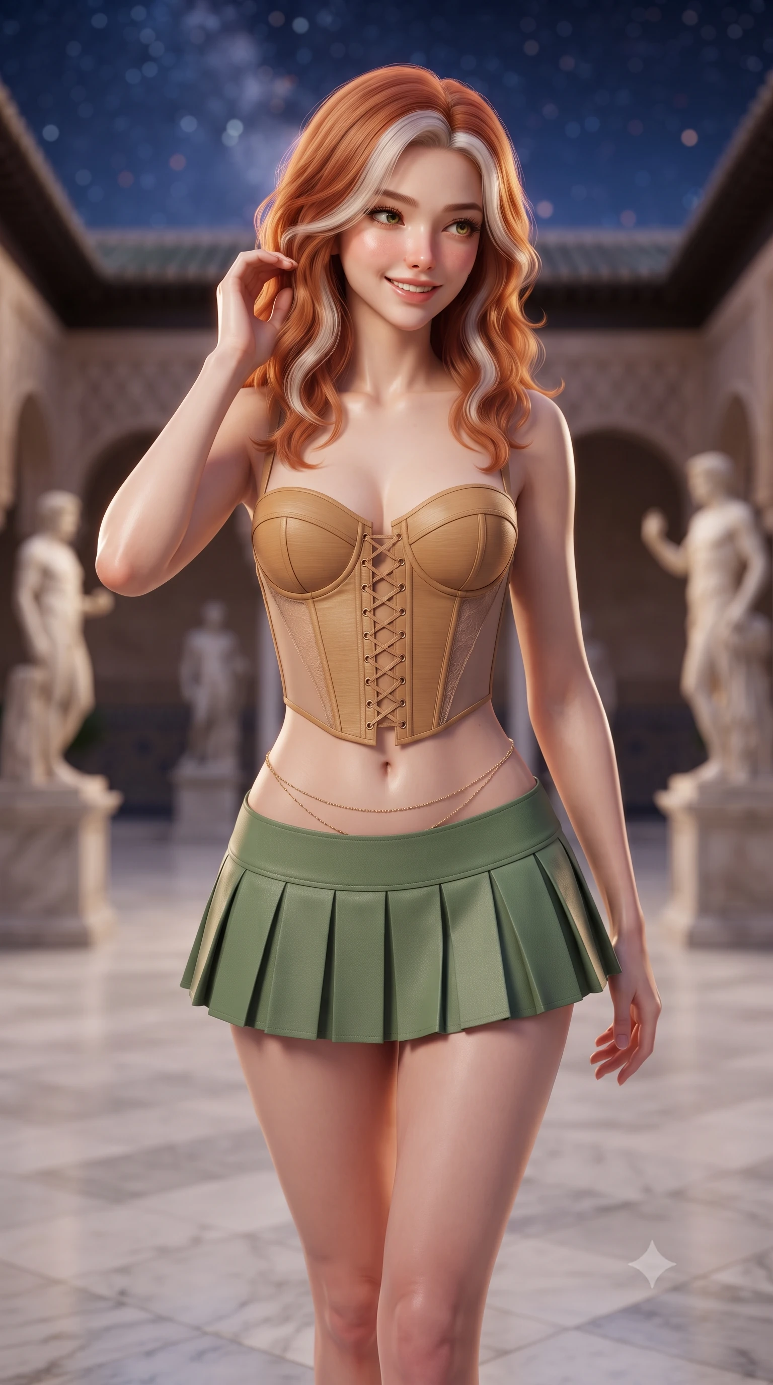 score_9, masterpiece, best quality, ultra-detailed, high-budget anime keyframe, editorial fashion photography, tasteful artistic composition, Caucasian woman. close-up cowboy shot from the waist and thighs up, the character dominates the composition, filling the frame with her large presence. gently brushing a lock of hair behind her ear while casting a playful, flirtatious side-gaze with long eyelashes while walking slowly across the polished marble flags with tall model strides, evening breezes molding her outfit to her hourglass curves. The background shows a soft-focus double-tiered Mudéjar plasterwork arcades, classical marble statues of Roman gods, and starry Andalusian sky blurred into cobalt, copper, and ivory bokeh. She has an exceptionally elegant, slender, and willowy female figure with an ultra-slim waist, flat toned midriff, narrow ribcage, and sculpted feminine hips creating an alluring, slim hourglass silhouette without bulk. sharp v-shaped jawline, high-bridge nose, intricate jewel-like sparkling eyes with depth, thick eyelashes, glossy parted lips with a natural peach sheen, bright cheerful beaming smile with an enchanting and coquettish sensual glint, exuding both youthful cute charm and seductive allure, flawlessly proportioned anatomical accuracy, strict slender model proportions, natural body alignment, perfectly sculpted long slender limbs, ultra-slim waistline, clean dynamic posture without body distortion. wearing a structured Seville boned lace-up bustier top paired with an ultra-short low-rise pleated micro mini skirt in Japanese hinoki cedar honey and Kyoto matcha jade, featuring strategic sheer-illusion tulle side panels framing her ribcage and hips, accented with a dainty gold belly chain resting across her flat midriff and curving hips, the glove-like clinging cut tightly following the natural contour of her hips and long slender legs with youthful 8.5-heads elegance. illuminated by azulejo tile specular reflections and sharp rose-gold rim lights defining her razor-sharp jawline, narrow waist, and curvy hips. ultra-reflective glossy finish, specular highlights, rich textural contrasts, high-contrast stereoscopic depth, volumetric dynamic lighting, 2k, ultra detail, master piece, 9:16 ratio