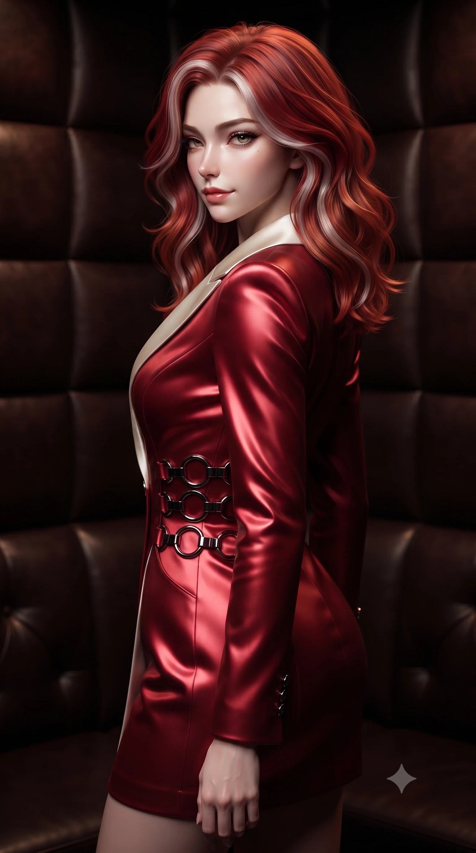score_9, masterpiece, best quality, ultra-detailed, high-budget anime keyframe, editorial fashion photography, tasteful artistic composition, Caucasian woman. close-up cowboy shot from the waist and thighs up, the character dominates the composition, filling the frame with her large presence, background elements kept in soft focus. Glancing sidelong over her shoulder with a smoldering, enigmatic half-smile, standing in a private high-fashion lounge with dark padded leather walls, sharp v-shaped jawline and glossy lips accentuated by side rim rays. She has an exceptionally elegant, slender, and willowy female figure with an ultra-slim waist, a gracefully sculpted slender torso, and a refined silhouette. sharp v-shaped jawline, high-bridge nose, intricate jewel-like eyes with depth, thick eyelashes, glossy lips with a natural sheen. wearing tailored ivory tux dress with satin lapels and fitted waist in midnight navy blue, made of soft crimson satin, trimmed with dark chrome ring hardware along the waist contours, highlighting her statuesque proportions and ultra-slim waistline. surrounded by a high-gloss metallic sheen with crisp rim lighting. ultra-reflective glossy finish, specular highlights, metallic sheen, high-contrast stereoscopic depth, volumetric dynamic lighting, 2k, ultra detail, master piece, 9:16 ratio