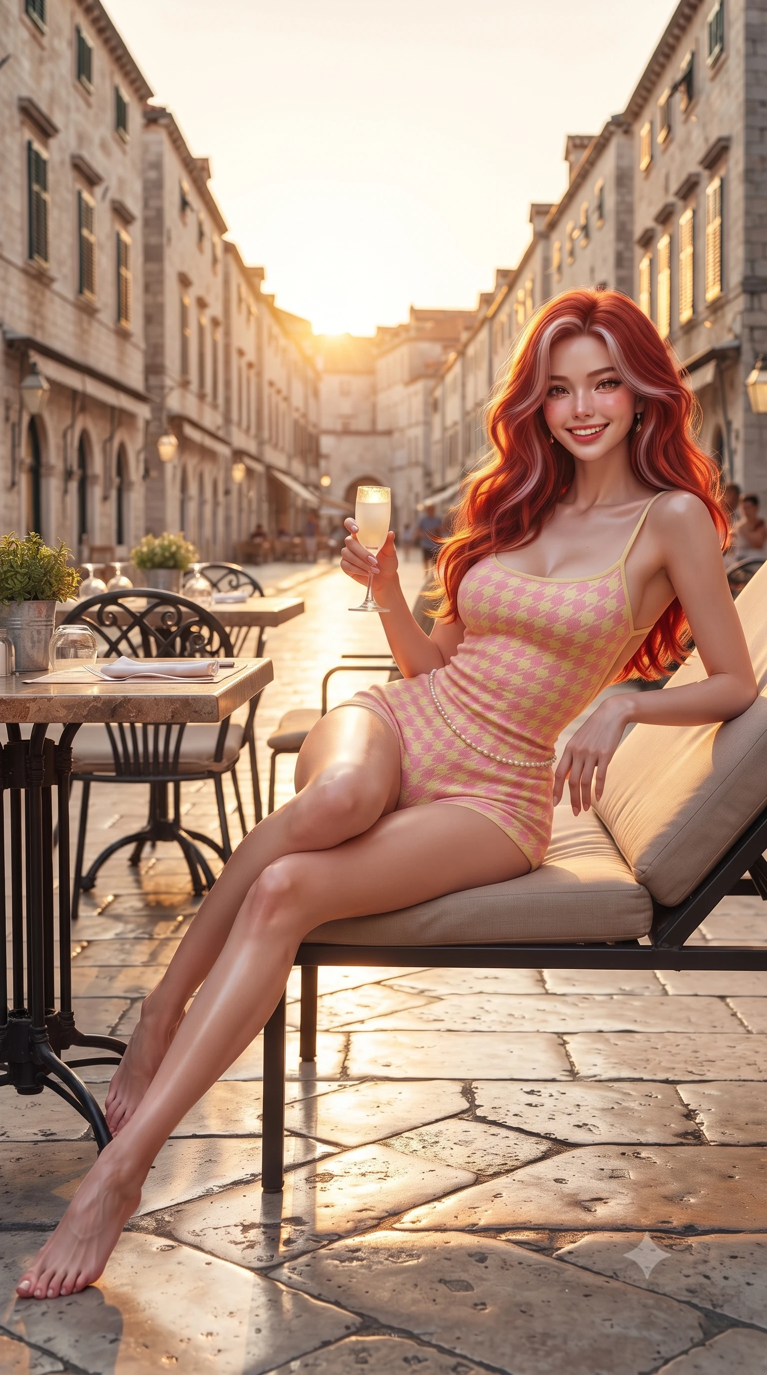 score_9, masterpiece, best quality, ultra-detailed, high-budget anime keyframe, editorial fashion photography, tasteful artistic composition, Caucasian woman. low angle full-body shot from head to toe showing her feet, filling the entire 9:16 vertical frame with her statuesque presence, stretching her vertical silhouette. reclining languidly on her side across the sunbed with one knee drawn up, her radiant smile and arched hip curve commanding the 9:16 vertical frame with youthful sensual charisma while sitting at an outdoor cafe table with legs crossed, holding a frosted glass of limoncello, her long slender legs and curvy hips commanding the frame. The surrounding environment is rendered in vivid detail and crisp panoramic clarity. detailed linen outfit texture, golden sunset specular highlights on skin, and Stradun streetscape clarity in high resolution. She has an exceptionally tall and slender model-like 8.5-heads proportion, an ultra-slim waist, a flat toned midriff, narrow delicate ribcage, and beautifully sculpted feminine hips creating a graceful, slim hourglass silhouette without any bulky heaviness, with impossibly long slender legs. sharp v-shaped jawline, high-bridge nose, intricate jewel-like sparkling eyes with depth, thick eyelashes, glossy parted lips with a natural peach sheen, bright cheerful beaming smile with an enchanting and coquettish sensual glint, exuding both youthful cute charm and seductive allure, flawlessly proportioned anatomical accuracy, strict slender model proportions, natural body alignment, perfectly sculpted long slender limbs, ultra-slim waistline, clean dynamic posture without body distortion. wearing a second-skin stretch cotton camisole romper with high-cut leg openings and an open back in sweet strawberry milk pink and butter yellow, crafted from soft breathable linen with effortless natural drape, accented with a dainty pearl waist chain catching the ambient sunlight, the liquid-tight tailored fabric clinging flawlessly to her narrow waist and rounded feminine hips, emphasizing every millimeter of her sculpted slim hourglass curves without any bulky heaviness. bathed in glorious golden hour Adriatic sunset backlighting reflecting off polished stone floors. ultra-reflective glossy finish, specular highlights, rich textural contrasts, high-contrast stereoscopic depth, volumetric dynamic lighting, 2k, ultra detail, master piece, 9:16 ratio