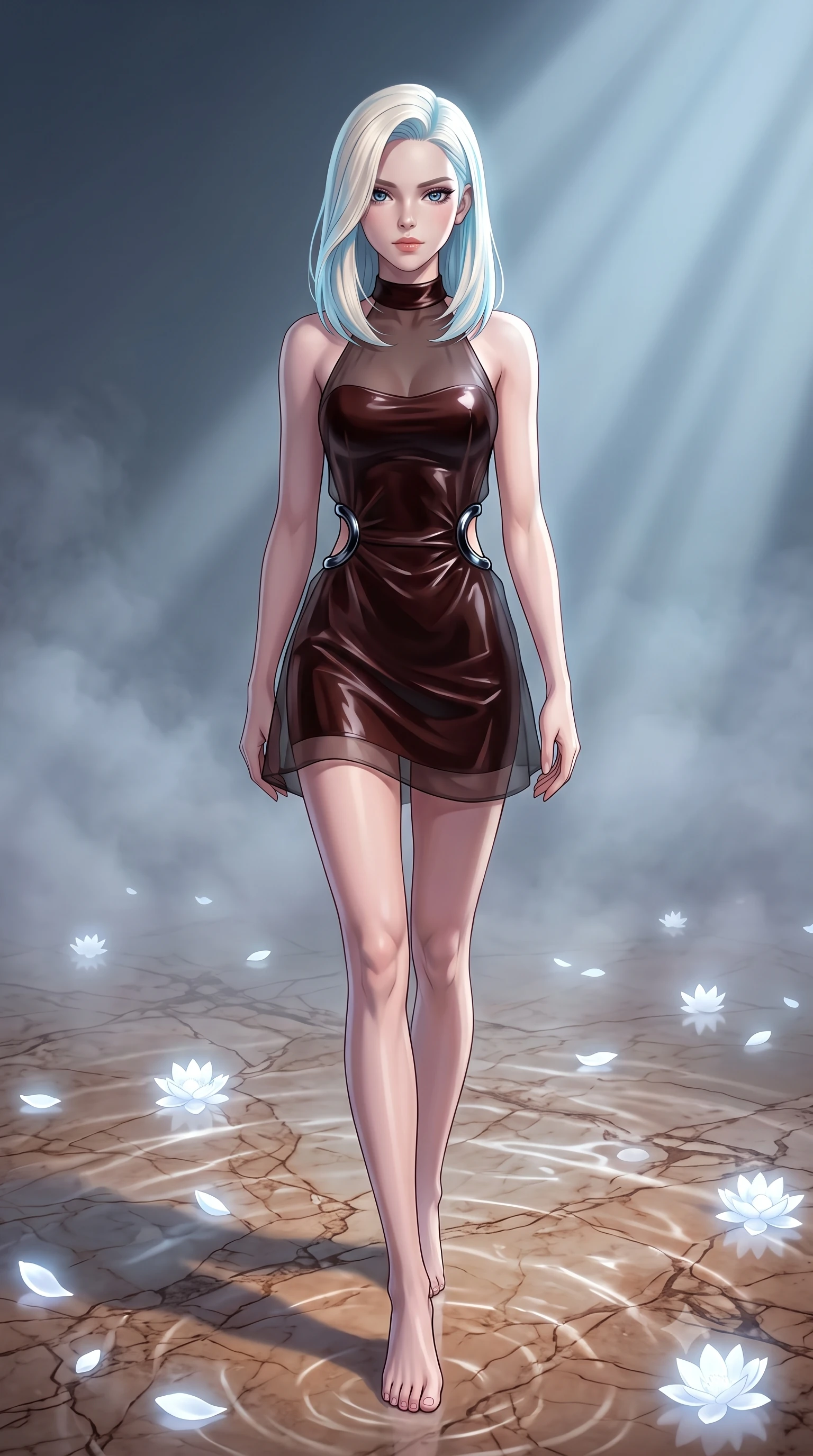score_9, masterpiece, best quality, ultra-detailed, high-budget anime keyframe, editorial fashion photography, tasteful artistic composition, Caucasian woman. low angle full-body shot from head to toe showing her feet, filling the entire 9:16 vertical frame with her statuesque presence, stretching her vertical silhouette. forging confidently through the floating mist, holding a poised statuesque stance, stepping gracefully onto a warm marble floor glinting with moonlit ripples, floating white lotus petals emitting a subtle ghostly white glow. She has an absolutely perfect, statuesque 8.5-heads proportion, an exceptionally tall and slender model-like female figure with impossibly long slender legs and an ultra-slim waist. sharp v-shaped jawline, high-bridge nose, intricate jewel-like eyes with depth, thick eyelashes, glossy lips with a natural sheen. wearing backless liquid vinyl mini slip dress with bare shoulder halter neckline in dark mahogany, made of sheer dark organza overlay, accented with sculpted obsidian chrome rings at the waist, following her slender form with tailored precision. lit by clear moonbeam key rays casting soft graceful shadows. highly saturated vibrant anime colors, detailed shading with soft gradients, rich glossy textures, high-contrast stereoscopic depth, volumetric dynamic lighting, master piece, 9:16 ratio