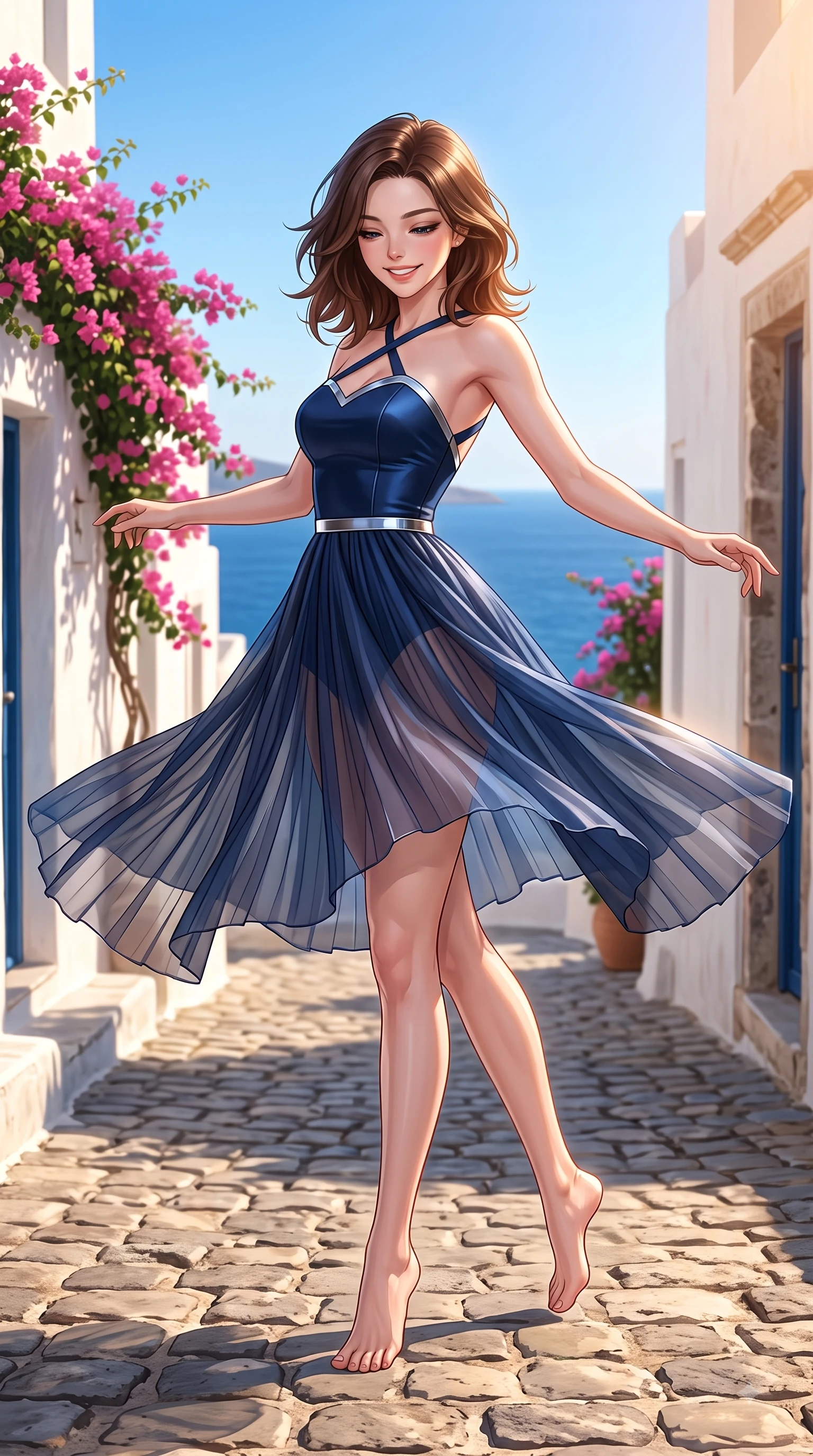 score_9, masterpiece, best quality, ultra-detailed, high-budget anime keyframe, editorial fashion photography, tasteful artistic composition, Korean woman. low angle full-body shot from head to toe showing her feet, filling the entire 9:16 vertical frame with her statuesque presence, stretching her vertical silhouette. performing a cheerful mid-air rotation with flawless poise, her radiant smile capturing pure happy energy while pivoting in a graceful resort stride down a sunlit cobblestone alley surrounded by bougainvillea, pristine white stone architecture contrasting brilliantly with deep azure sea and blue skies. She has an absolutely perfect, statuesque 8.5-heads proportion, an exceptionally tall and slender model-like female figure with impossibly long slender legs and an ultra-slim waist. sharp v-shaped jawline, high-bridge nose, intricate jewel-like eyes with depth, thick eyelashes, glossy lips with a natural sheen, flawlessly proportioned anatomical accuracy, natural body alignment, perfectly sculpted elegant limbs, clean dynamic posture without body distortion. wearing a modern fusion silk hanbok dress with a structured bodice and flowing skirt in midnight navy blue and chrome trim, woven from fine semi-opaque sheer organza, complemented by criss-cross back straps highlighting her bare shoulders, the glove-like fit emphasizing her statuesque silhouette during motion. illuminated by warm golden sunlight with soft terracotta ambient fill. ultra-reflective glossy finish, specular highlights, metallic sheen, high-contrast stereoscopic depth, volumetric dynamic lighting, 2k, ultra detail, master piece, 9:16 ratio