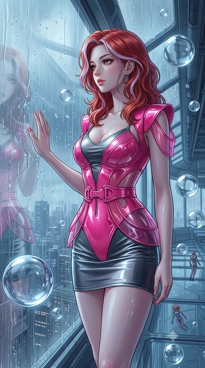 score_9, masterpiece, best quality, ultra-detailed, High-budget Anime Keyframe, Caucasian woman, strictly human ears. Low angle cowboy shot filling the entire 9:16 frame with her statuesque presence. Scenario 457: looking out at the rain through a we