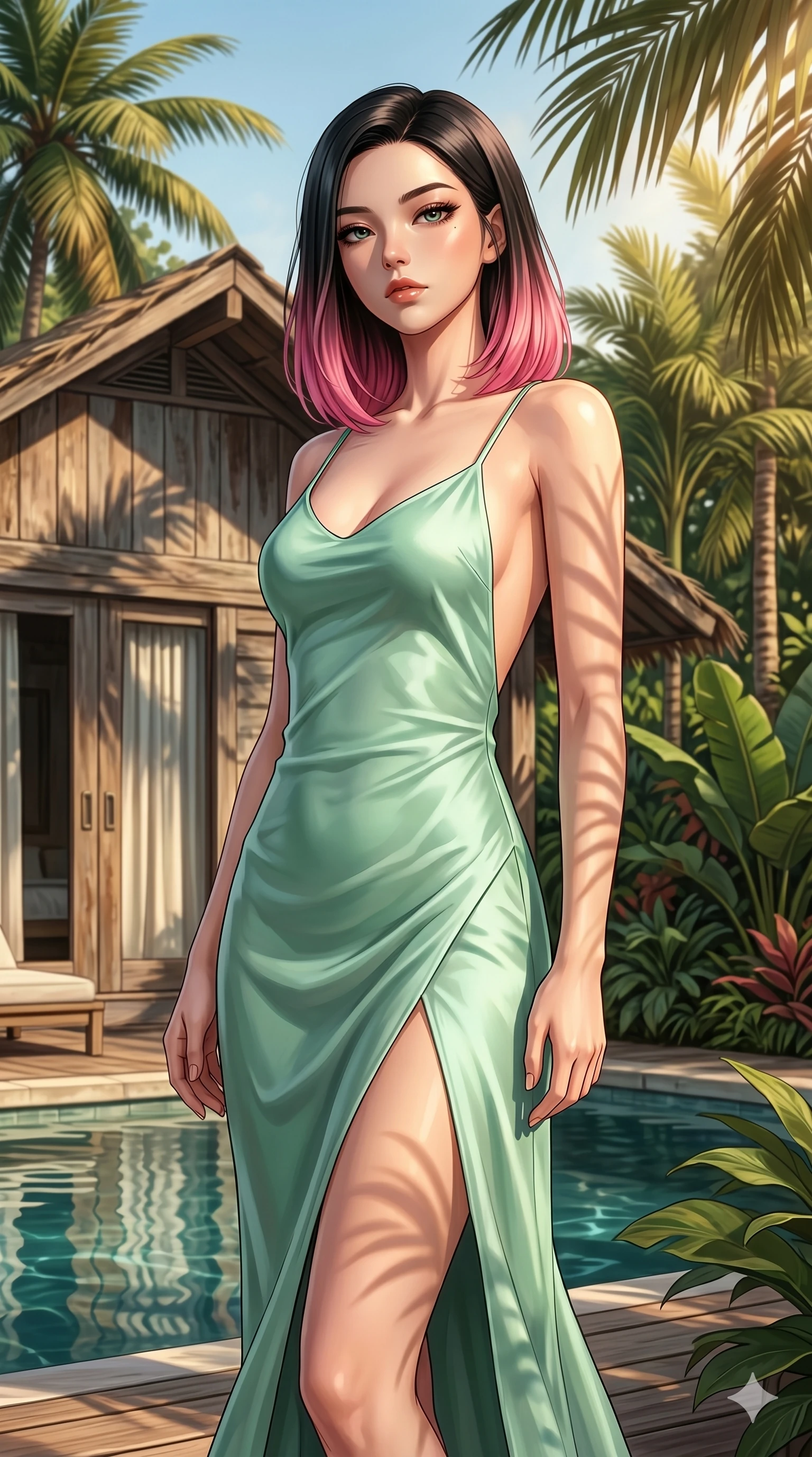 score_9, masterpiece, best quality, ultra-detailed, high-budget anime keyframe, editorial fashion photography, tasteful artistic composition, Korean woman. cowboy shot from the thighs up, character and outfit filling the frame for maximum editorial presence. looking down at the viewer with a haughty, composed and cool expression, her shoulders relaxed by a secluded sun-drenched pool cabin in a tropical luxury resort surrounded by palms (Code-P077). She has an absolutely perfect 8-heads proportion, an exceptionally tall and slender female figure with impossibly long slender legs and an ultra-slim waist. V-shaped jawline, high-bridge nose, intricate jewel-like eyes with depth, thick eyelashes, glossy lips with a natural sheen. wearing a mint green silk slip dress with an open-back design and a high front slit. bathed in warm, golden afternoon sunbeams casting soft organic shadows of leaves on her skin. 2k, ultra detail, master piece, 9:16 ratio