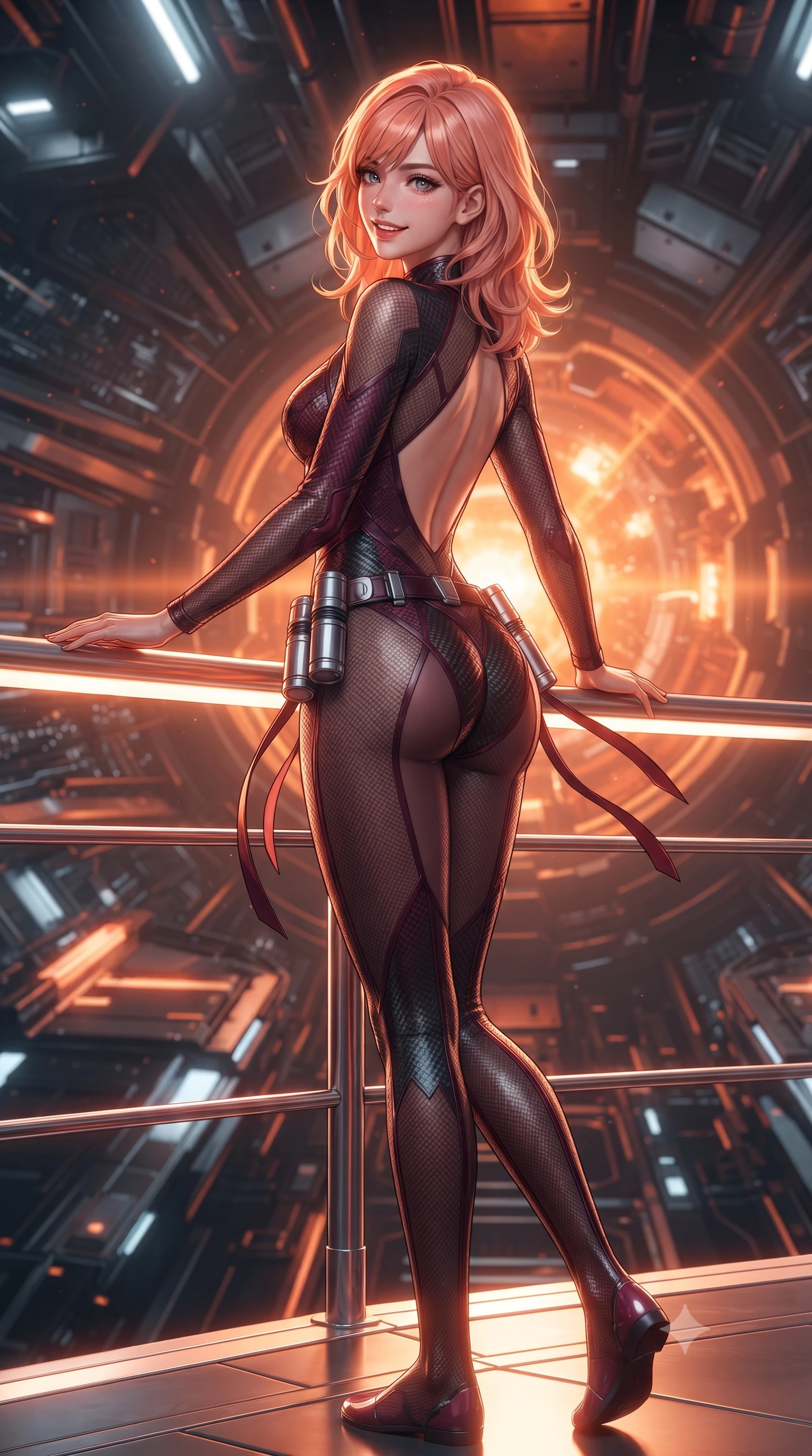 score_9, masterpiece, best quality, ultra-detailed, high-budget anime keyframe, editorial fashion photography, tasteful artistic composition, Japanese woman. low angle full-body shot from head to toe showing her feet, filling the entire 9:16 vertical frame with her statuesque presence, stretching her vertical silhouette. executing a cheerful mid-motion pivot turn as her tactical belt and ribbons flutter around her slender legs, glancing over her shoulder with an intoxicating, teasing bedroom-gaze while standing in a tall confident posture with one hand on a glowing metal railing, stretching her statuesque body as the pulsating orange fusion core flares behind. The surrounding environment is rendered in vivid detail and crisp panoramic clarity: detailed carbon suit weave, plasma specular reflections on armor plates, and starship engineering architecture in razor-sharp precision. She has an absolutely perfect, statuesque 8.5-heads proportion, an exceptionally tall and slender model-like female figure with impossibly long slender legs, an ultra-slim waist, a flat toned midriff, narrow delicate ribcage, and beautifully sculpted feminine hips creating a graceful, slim hourglass silhouette without any bulky heaviness. sharp v-shaped jawline, high-bridge nose, intricate jewel-like sparkling eyes with depth, thick eyelashes, glossy parted lips with a natural sheen, bright confident smile with an enchanting and coquettish sensual glint, exuding both youthful magnetic charm and sovereign high-tech allure, flawlessly proportioned anatomical accuracy, strict slender model proportions, natural body alignment, perfectly sculpted long slender limbs, ultra-slim waistline, clean dynamic posture without body distortion. wearing a sheer technical lace and carbon composite bodysuit with architectural cup boning and open back in deep wine crimson and dark carbon weave, crafted from lightweight aerodynamic matte carbon-fiber weave with structural stiffness, accented with a sleek utility belt with polished magnetic canisters resting loosely on her curvy hips, the form-contouring cut accentuating her sculpted flat midriff, narrow delicate ribcage, and gracefully curvy hips with cybernetic supermodel precision. bathed in shifting orange and white plasma flares casting high-contrast chiaroscuro shadows. ultra-reflective glossy finish, specular highlights, rich textural contrasts, high-contrast stereoscopic depth, volumetric dynamic lighting, 2k, ultra detail, master piece, 9:16 ratio