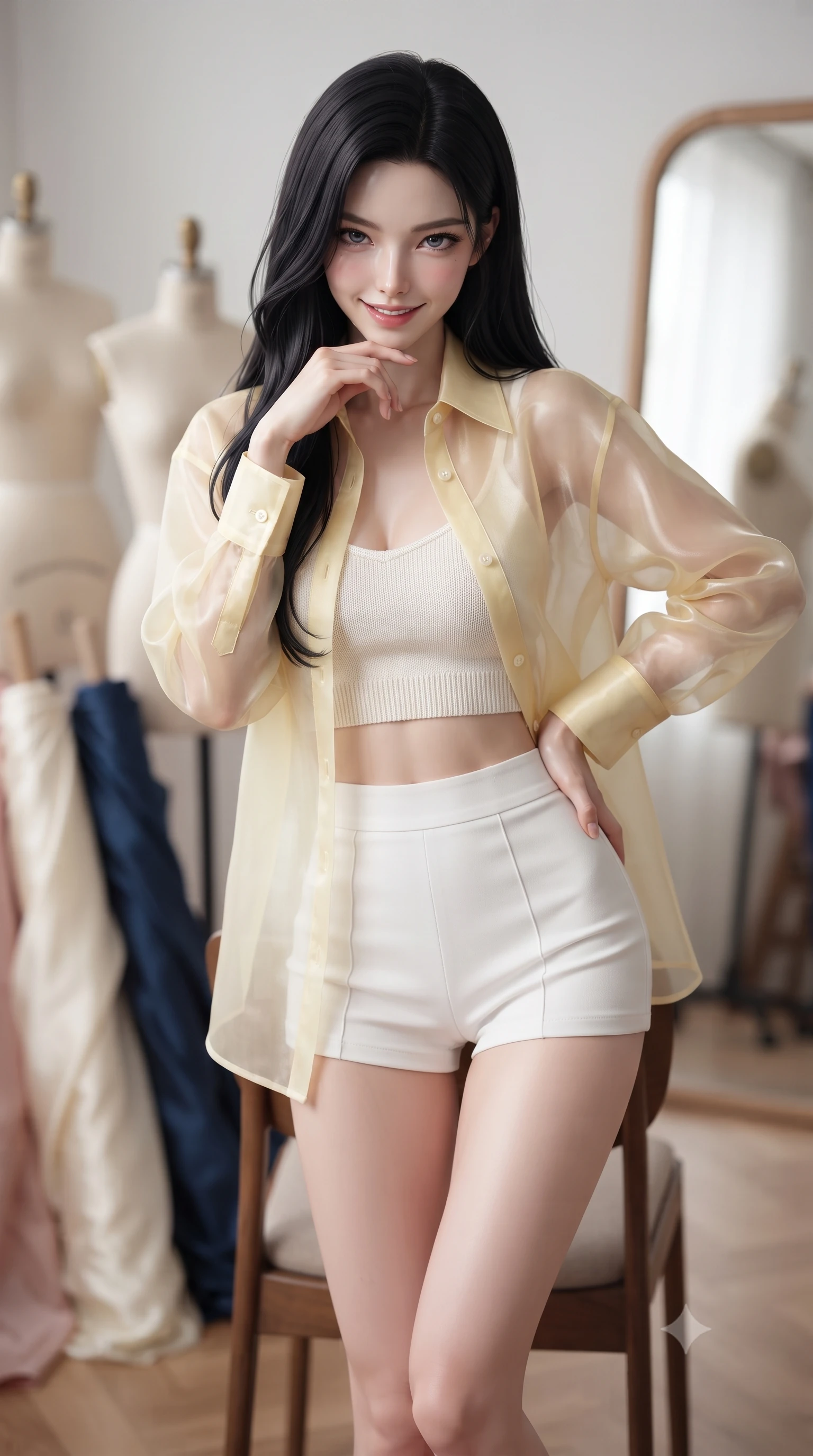 score_9, masterpiece, best quality, ultra-detailed, high-budget anime keyframe, editorial fashion photography, tasteful artistic composition, Korean woman. close-up cowboy shot from the waist and thighs up, the character dominates the composition, filling the frame with her large presence, background elements kept in soft focus. leaning slightly forward with a playful, teasing smile, her gaze locked onto the viewer the background shows a soft-focus a high-fashion atelier studio with dress forms, silk fabric bolts, and full-length mirrors. She has an exceptionally elegant, slender, and willowy female figure with an ultra-slim waist, a gracefully sculpted slender torso, and a refined silhouette. sharp v-shaped jawline, high-bridge nose, intricate jewel-like eyes with depth, thick eyelashes, glossy lips with a natural sheen. wearing a body-hugging sheer organza shirt in pale yellow worn open over a knit crop top and micro-shorts. crisp studio key light highlighting rich glossy textures and tailored seams. ultra-reflective glossy finish, specular highlights, metallic sheen, high-contrast stereoscopic depth, volumetric dynamic lighting, 2k, ultra detail, master piece, 9:16 ratio