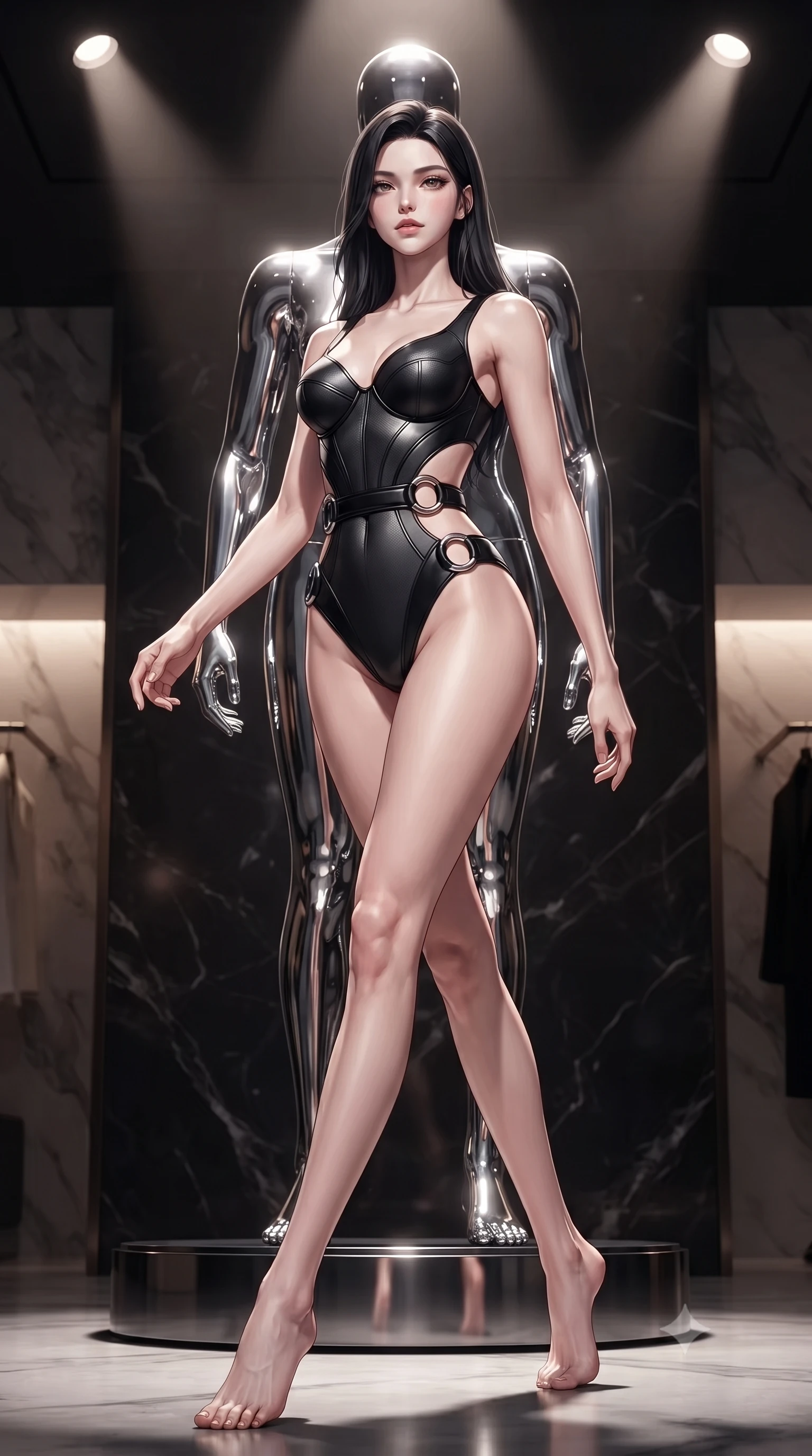 score_9, masterpiece, best quality, ultra-detailed, high-budget anime keyframe, editorial fashion photography, tasteful artistic composition, Korean woman. low angle full-body shot from head to toe showing her feet, filling the entire 9:16 vertical frame with her statuesque presence, stretching her vertical silhouette. navigating the private sanctuary with an effortless, graceful stride, poised before a giant chrome mannequin display in a luxury fitting suite, sculpted athletic silhouette emphasized by precision form-fitting cuts. She has an absolutely perfect, statuesque 8.5-heads proportion, an exceptionally tall and slender model-like female figure with impossibly long slender legs and an ultra-slim waist. sharp v-shaped jawline, high-bridge nose, intricate jewel-like eyes with depth, thick eyelashes, glossy lips with a natural sheen. wearing sculpted structured cup bodysuit in matte black carbon-fiber with hip cutouts in pitch-black onyx, made of polished black leather, accented with sculpted obsidian chrome rings at the waist, the fitted fabric emphasizing her ultra-slim waist. lit by dramatic spotlighting highlighting her athletic contours. ultra-reflective glossy finish, specular highlights, metallic sheen, high-contrast stereoscopic depth, volumetric dynamic lighting, 2k, ultra detail, master piece, 9:16 ratio