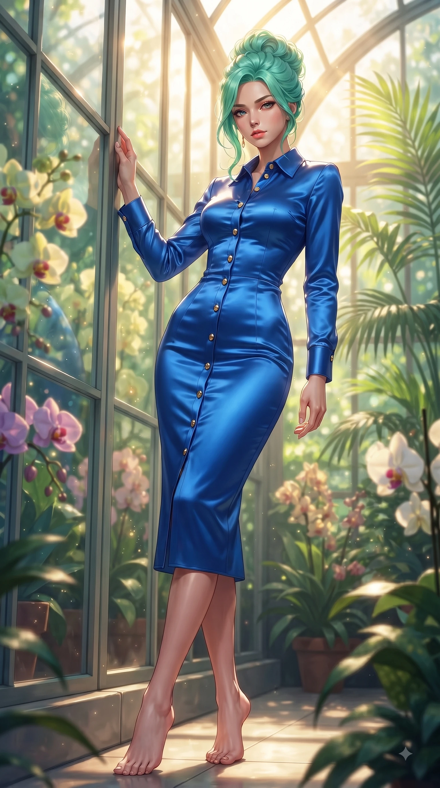 score_9, masterpiece, best quality, ultra-detailed, high-budget anime keyframe, editorial fashion photography, tasteful artistic composition, Japanese woman. low angle full-body shot from head to toe showing her feet, filling the entire 9:16 vertical frame with her statuesque presence, stretching her vertical silhouette. Statuesque haughty posture with a cool, sharp glance and composed high-fashion elegance while leaning against a sunlit glass wall surrounded by exotic orchids and cascading vines. The composition keeps background elements in soft focus with dreamy bokeh. exotic orchids and tropical palm leaves blurred into a dreamy emerald and jade background bokeh. She has an absolutely perfect, statuesque 8.5-heads proportion, an exceptionally tall and slender model-like female figure with impossibly long slender legs and an ultra-slim waist. sharp v-shaped jawline, high-bridge nose, intricate jewel-like eyes with depth, thick eyelashes, glossy lips with a natural sheen, flawlessly proportioned anatomical accuracy, natural body alignment, perfectly sculpted elegant limbs, clean dynamic posture without body distortion. wearing a vivid sapphire blue satin midi dress following her statuesque figure in royal navy blue and pure ivory, crafted from soft breathable Italian linen, finished with gold metallic hardware buttons along the front, the tailored fit highlighting her statuesque and model-like silhouette. bathed in bright golden sunbeams streaming through glasshouse panes. ultra-reflective glossy finish, specular highlights, metallic sheen, high-contrast stereoscopic depth, volumetric dynamic lighting, 2k, ultra detail, master piece, 9:16 ratio