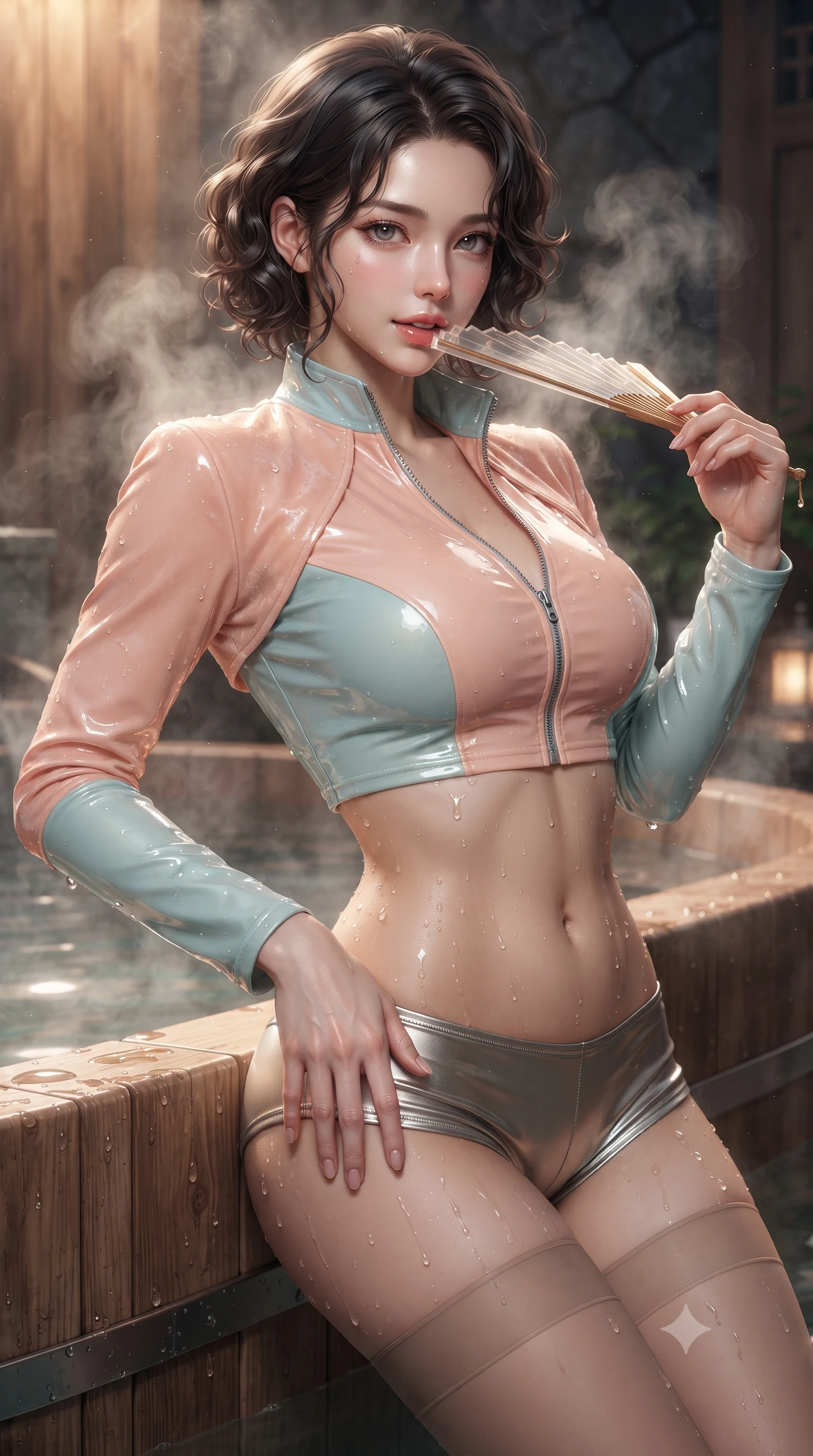 score_9, masterpiece, best quality, ultra-detailed, high-budget anime keyframe, editorial fashion photography, tasteful artistic composition, Korean woman. close-up cowboy shot from the waist and thighs up, the character dominates the composition, filling the frame with her large presence. tilting her head with a teasing half-smile, running one hand slowly down the side of her hip in a flirtatious S-curve as ambient light caresses her silhouette while leaning back against the cedar wood tub edge with hips cocked back, looking into the lens through curls of fragrant steam with smoldering eyes. The surrounding environment is rendered in vivid detail and crisp panoramic clarity: sharp wet cedar wood grain, polished basalt stone texture, and glistening water droplets on toned skin in deep focus. She has an exceptionally elegant, slender, and willowy female figure with an ultra-slim waist, flat toned midriff, narrow ribcage, and sculpted feminine hips creating an alluring, slim hourglass silhouette without bulk. sharp v-shaped jawline, high-bridge nose, sparkling eyes with hypnotic seductive depth, thick curled eyelashes, glossy parted lips with a natural dewy peach sheen, alluring bedroom-eyes with an enchanting coquettish smile, exuding magnetic siren charisma and sophisticated glamour, flawlessly proportioned anatomical accuracy, strict slender model proportions, natural body alignment, perfectly sculpted long slender limbs, ultra-slim waistline, clean dynamic posture without body distortion. wearing a form-fitting zip-front wet-look vinyl bolero jacket paired with low-rise metallic hot-pants and sheer stockings in pastel peach blossom and celadon porcelain blue, tailored from ultra-plush velvet with rich tactile depth and deep shadow gradients, finished with a transparent silk folding fan held gracefully near her glossy parted lips, the second-skin tailored fabric adhering flawlessly to her sculpted flat midriff and slender torso, emphasizing her long leg lines and perfectly proportioned willowy build. illuminated by hot spring water caustics and sharp platinum rim lights sculpting her razor-sharp jawline, narrow waist, and curvy hips. ultra-reflective glossy finish, specular highlights, rich textural contrasts, high-contrast stereoscopic depth, volumetric dynamic lighting, 2k, ultra detail, master piece, 9:16 ratio