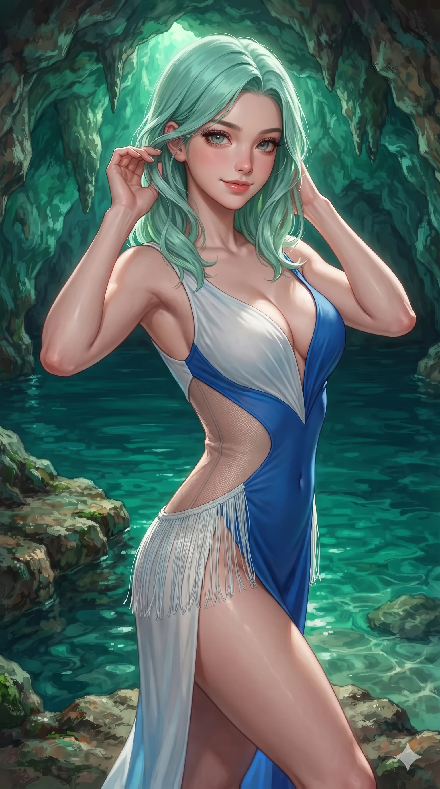 score_9, masterpiece, best quality, ultra-detailed, high-budget anime keyframe, editorial fashion photography, tasteful artistic composition, Japanese woman. close-up cowboy shot from the waist and thighs up, the character dominates the composition, filling the frame with her large presence. gently brushing a lock of salt-kissed hair behind her ear while casting a playful, flirtatious side-gaze with long eyelashes while standing poised on the rocky natural ledge inside the emerald grotto, arching her spine with supermodel poise as luminous green reflections dance across her silhouette. The surrounding environment is rendered in vivid detail and crisp panoramic clarity: detailed liquid metallic lamé one-piece tailoring, hip-high side cutouts, and sea cavern geology in razor-sharp precision. She has an exceptionally elegant, slender, and willowy female figure with an ultra-slim waist, flat toned midriff, narrow ribcage, and sculpted feminine hips creating an alluring, slim hourglass silhouette without bulk. sharp v-shaped jawline, high-bridge nose, sparkling eyes with hypnotic seductive depth, thick curled eyelashes, glossy parted lips with a natural dewy peach sheen, alluring bedroom-eyes with an enchanting coquettish smile, exuding magnetic siren charisma and sophisticated glamour, flawlessly proportioned anatomical accuracy, strict slender model proportions, natural body alignment, perfectly sculpted long slender limbs, ultra-slim waistline, clean dynamic posture without body distortion. wearing an alluring plunging sweetheart bodice dress with sheer mesh side-waist cutouts contouring her ribs in Mykonos whitewash and cobalt blue, made of fluid liquid jersey with seamless sculpting hold and smooth contours, finished with a delicate silk fringe trim fluttering along her hip line with kinetic charm, the bespoke structured tailoring following the natural line of her 8.5-heads silhouette with refined elegance. bathed in the breathtaking natural emerald-green ambient light reflecting upward from submerged sandy shoals into the cavern dome. ultra-reflective glossy finish, specular highlights, rich textural contrasts, high-contrast stereoscopic depth, volumetric dynamic lighting, 2k, ultra detail, master piece, 9:16 ratio
