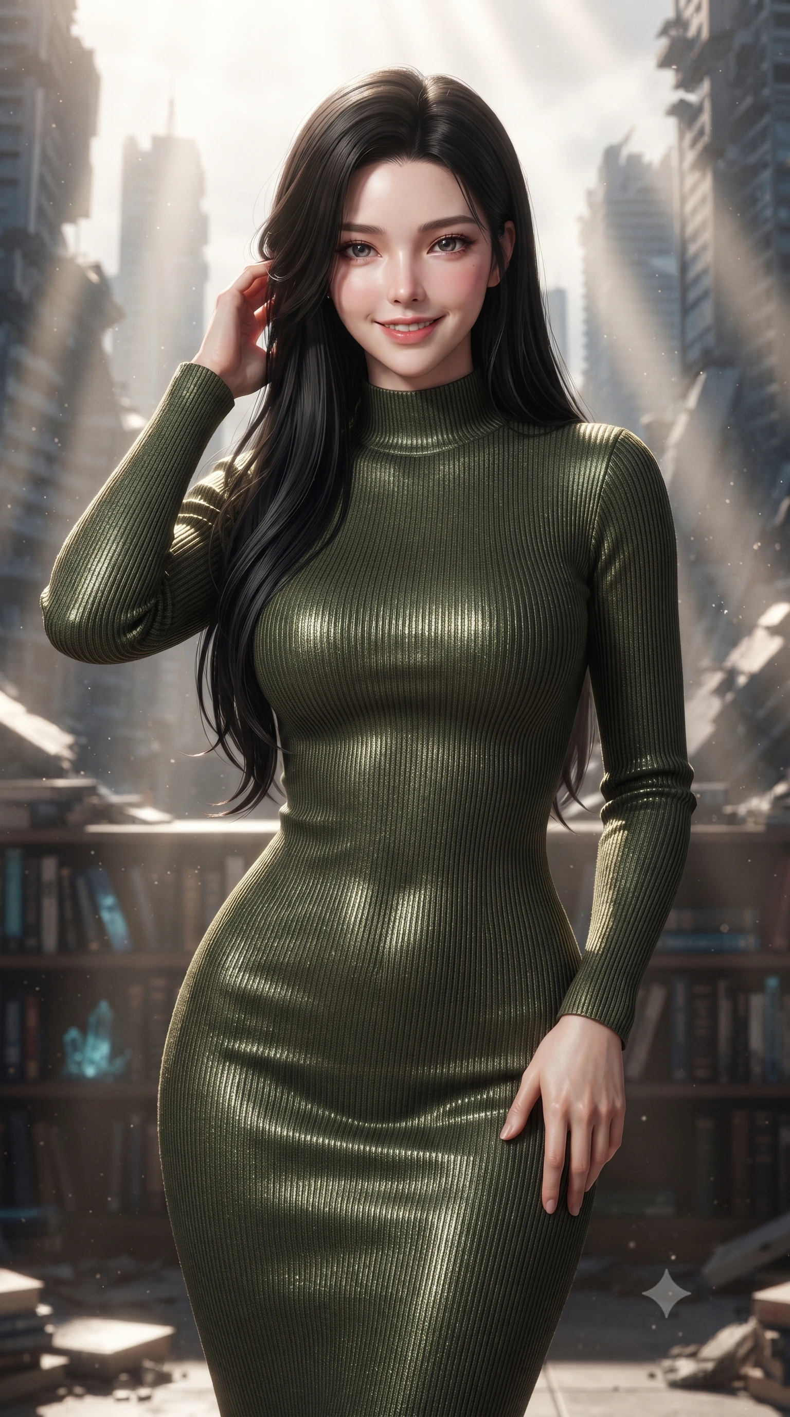 score_9, masterpiece, best quality, ultra-detailed, high-budget anime keyframe, editorial fashion photography, tasteful artistic composition, Korean woman. close-up cowboy shot from the waist and thighs up, the character dominates the composition, filling the frame with her large presence, background elements kept in soft focus. slowly running a hand through her hair, smiling with quiet, magnetic self-assurance directly into the camera, the background shows a soft-focus a simulation deck showing a virtual library in a ruined futuristic city. She has an exceptionally elegant, slender, and willowy female figure with an ultra-slim waist, a gracefully sculpted slender torso, and a refined silhouette. sharp v-shaped jawline, high-bridge nose, intricate jewel-like eyes with depth, thick eyelashes, glossy lips with a natural sheen. wearing a tailored body-hugging ribbed carbon-fiber knit bodycon midi dress in olive green, featuring a snug mock-neck. dramatic volumetric sunbeams slicing through digital dust, creating light rays. ultra-reflective glossy finish, specular highlights, metallic sheen, high-contrast stereoscopic depth, volumetric dynamic lighting, 2k, ultra detail, master piece, 9:16 ratio