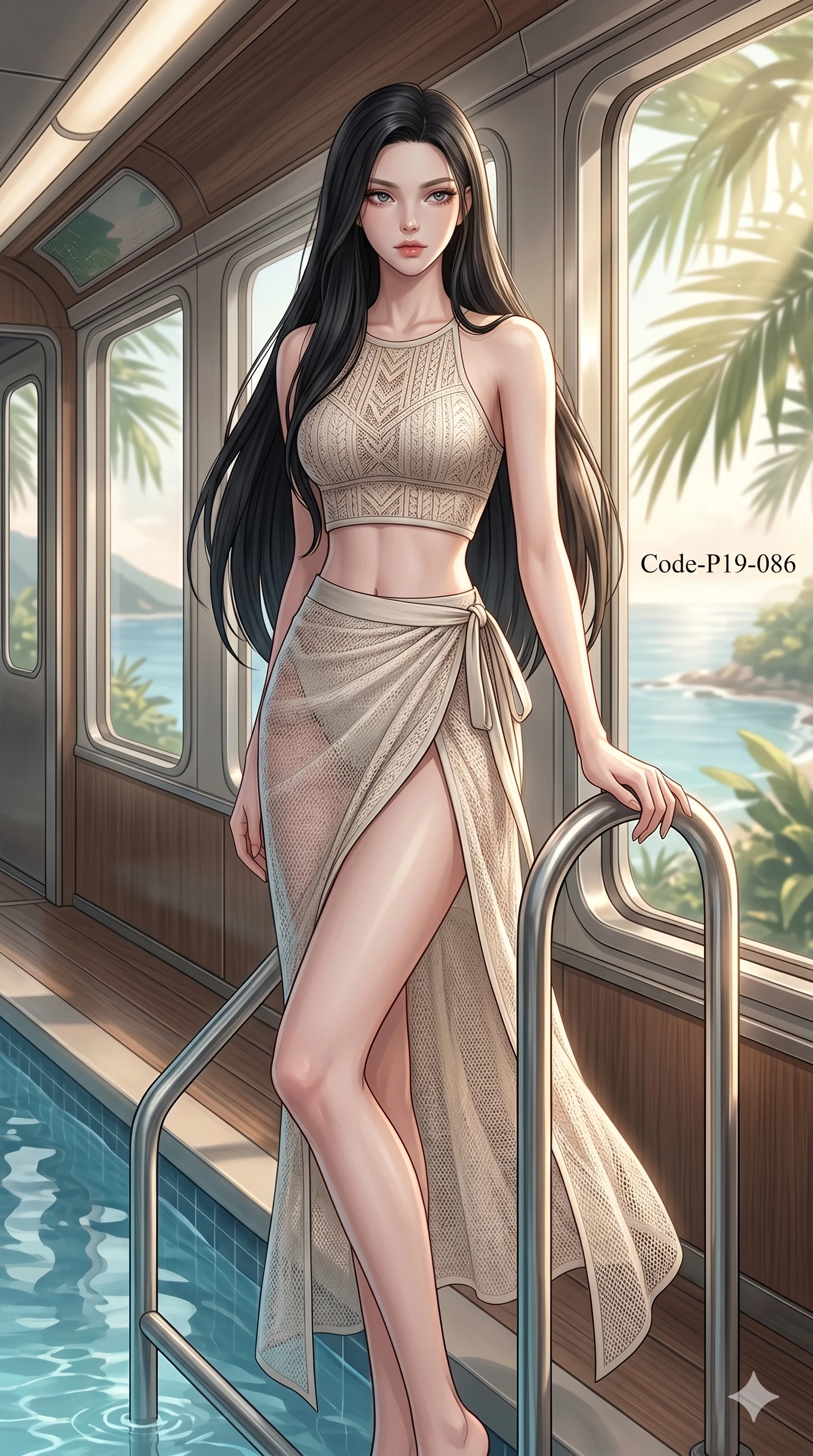 score_9, masterpiece, best quality, ultra-detailed, high-budget anime keyframe, editorial fashion photography, tasteful artistic composition, Korean woman. cowboy shot from the thighs up, character and outfit filling the frame for maximum editorial presence. resting one hand on the pool railing, casting a slow gaze over her shoulder inside a luxury train car cabin with large windows showing the coast (Code-P19-086). She has an absolutely perfect 8-heads proportion, an exceptionally tall and slender female figure with impossibly long slender legs and an ultra-slim waist. V-shaped jawline, high-bridge nose, intricate jewel-like eyes with depth, thick eyelashes, glossy lips with a natural sheen. wearing a summer knit top with an exposed midriff and a high-slit wrap skirt in linen mesh. soft morning sunbeams filtering through the resort leaves, creating a soft glowing atmosphere. 2k, ultra detail, master piece, 9:16 ratio