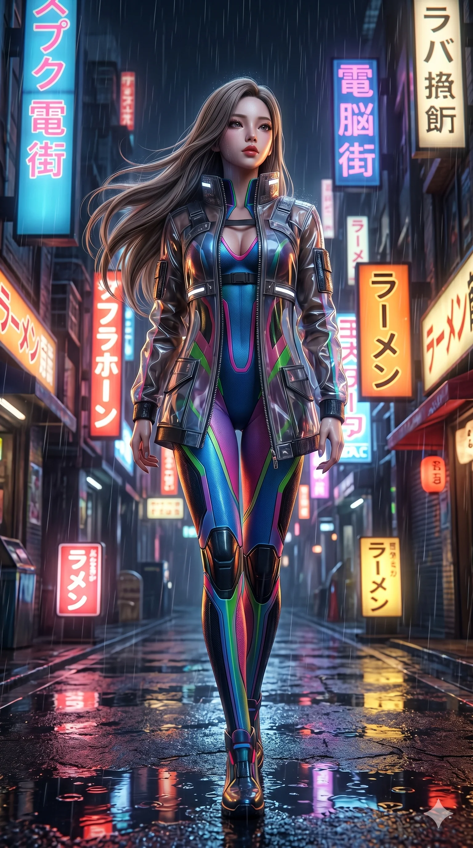 score_9, masterpiece, best quality, ultra-detailed, highly detailed CG unity 8k render, an incredibly beautiful Korean anime girl. Dynamic low angle shot filling the frame. She has an absolutely perfect 8-heads proportion, an exceptionally tall female figure with a delicate skinny figure. Her face is a highly detailed masterpiece featuring a v-shaped jawline, high-bridge nose, intricate jewel-like eyes, thick eyelashes, and glossy lips. She has ash brown flowing hair. She is wearing a form-fitting translucent cyberpunk tech-wear jacket over a tight neon bodycon suit, cleavage visible, highlighting her alluring silhouette. Neon-lit rainy Tokyo street, dramatic rim lighting, cinematic shadows, 2k, ultra detail, master piece, 9:16 ratio