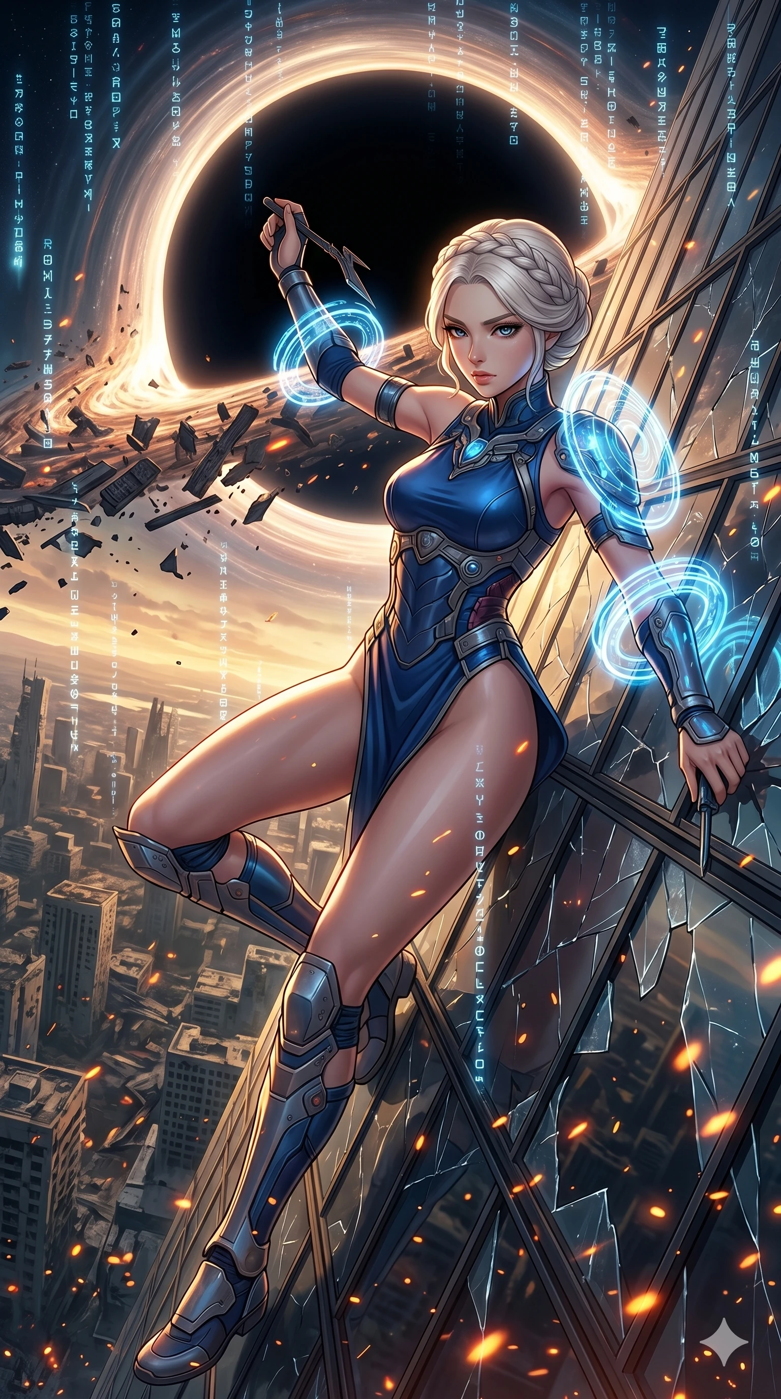 score_9, masterpiece, best quality, ultra-detailed, Set A: High-budget Anime Keyframe, Japanese woman. Upper body close-up from the thighs up, character filling the screen for maximum presence. Theme: Urban Decay. sliding down a glass skyscraper in the edge of a black hole, as a digital rain of 177 symbols washes over her. The atmosphere is filled with golden hour with floating embers. She has an absolutely perfect 8-heads proportion, an exceptionally tall and slender female figure with impossibly long slender legs and an ultra-slim waist. Sharp v-shaped jawline, high-bridge nose, intricate jewel-like eyes with depth, glossy lips. Wearing Futuristic gladiator gear with glowing energy-shields and a high-cut silk tunic. Cinematic lighting, vivid colors, dramatic shadows, 2k, ultra detail, master piece, 9:16 ratio
