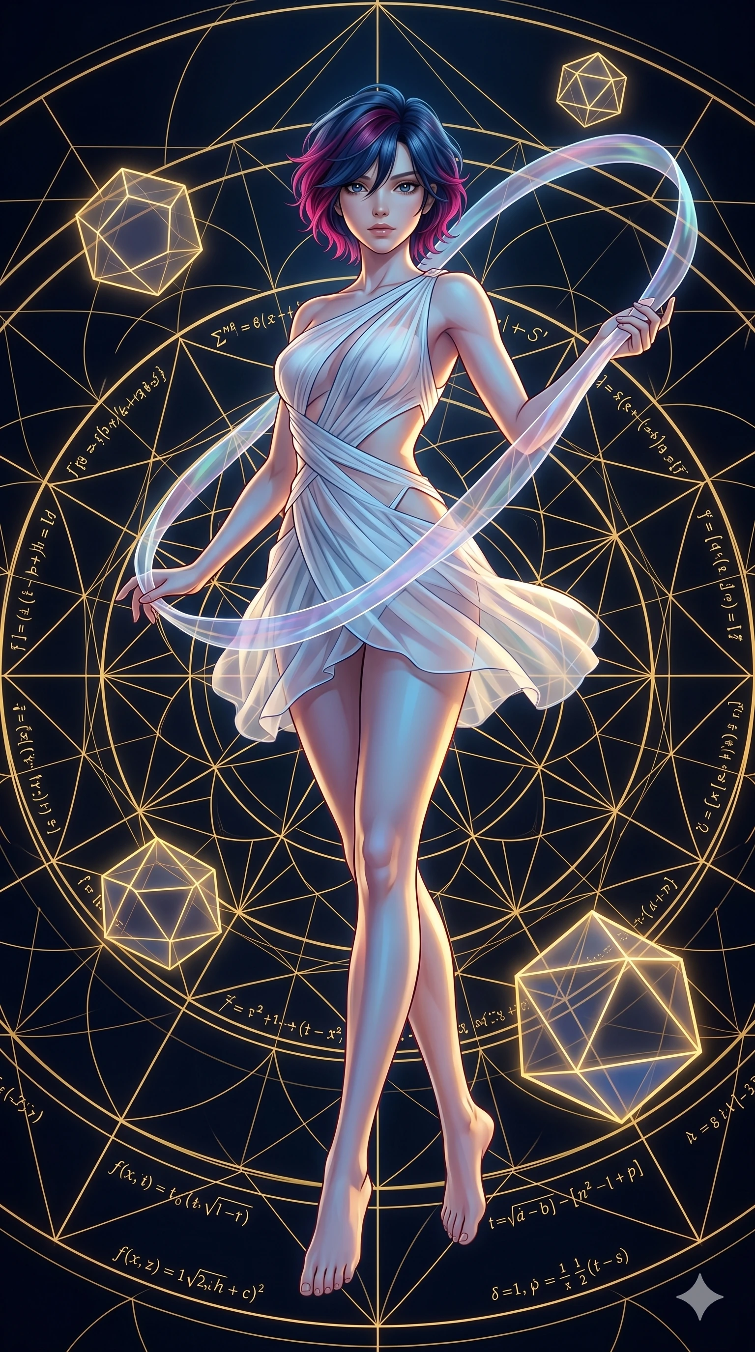 score_9, masterpiece, best quality, ultra-detailed, high-budget anime keyframe, Caucasian woman, strictly human ears. low angle full-body shot filling the entire 9:16 frame with her statuesque presence, stretching the vertical silhouette. floating gracefully in a mathematical mandala void filled with golden geometric lines of complex formulas, holding a translucent ribbon as she glides between floating regular polyhedrons. She has an absolutely perfect 8-heads proportion, an exceptionally tall and slender female figure with impossibly long slender legs and an ultra-slim waist. V-shaped jawline, high-bridge nose, intricate jewel-like eyes with depth, thick eyelashes, glossy lips with a natural sheen.. wearing an asymmetric chiffon draped couture mini dress, featuring draped white chiffon fabric twisting around her body with elegant diamond cutouts on the waist. accented by dynamic color-blocked lighting with high-contrast shadows emphasizing her statuesque height. 2k, ultra detail, master piece, 9:16 ratio
