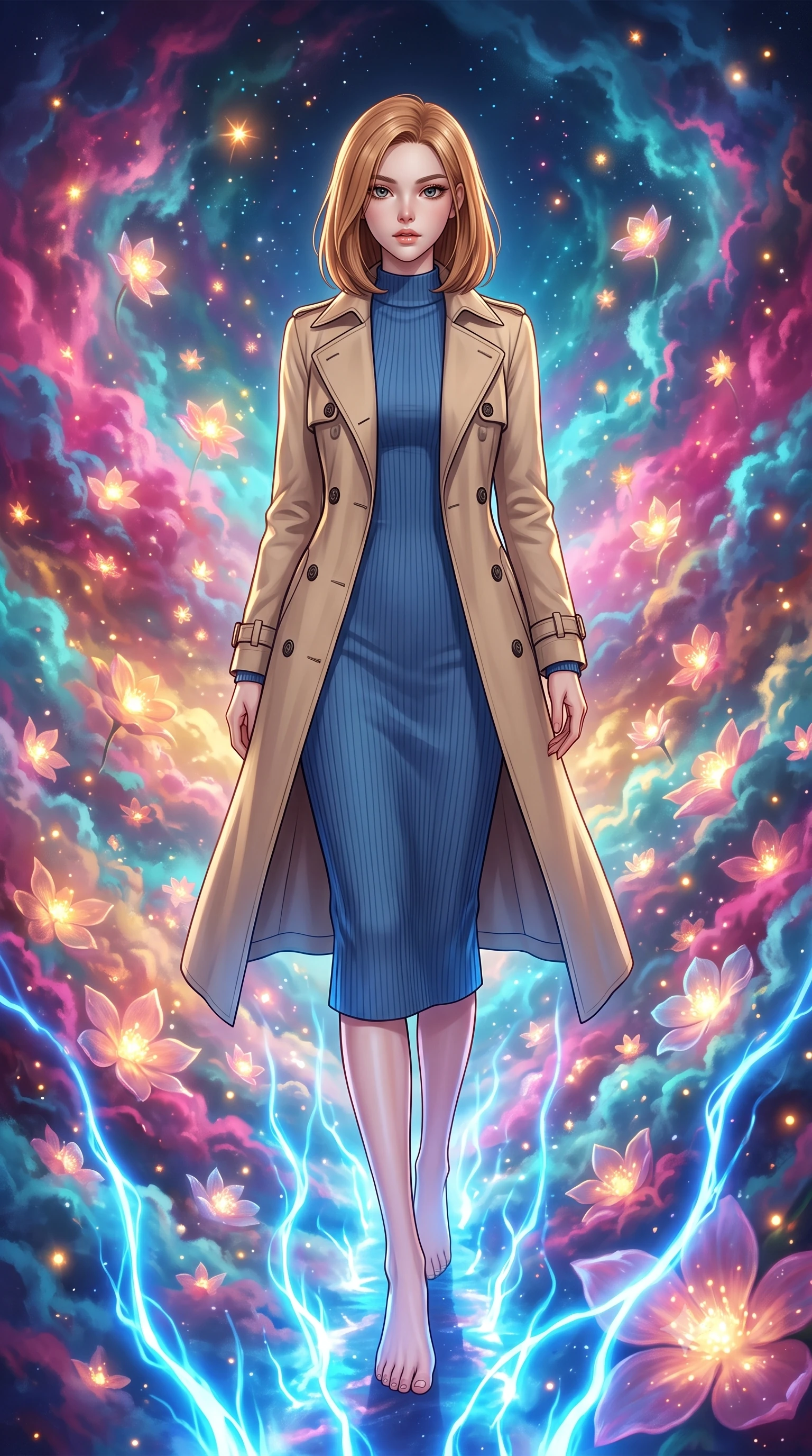 score_9, masterpiece, best quality, ultra-detailed, high-budget anime keyframe, editorial fashion photography, tasteful artistic composition, Korean woman. low angle full-body shot from head to toe showing her feet, filling the entire 9:16 vertical frame with her statuesque presence, stretching her vertical silhouette. navigating with fluid motion through a celestial garden where infant stars bloom like luminous flowers inside swirling colorful nebula clouds of magenta cyan and gold each proto-star casting its own warm glow onto petals of cosmic gas. She has a statuesque 8.5-heads proportion, an exceptionally tall, slender and willowy model-like build with impossibly long legs and a highly sculpted ultra-slim waist. sharp v-shaped jawline, high-bridge nose, intricate jewel-like eyes with depth, thick eyelashes, glossy lips with a natural sheen. wearing a classic double-breasted beige trench coat layered over a French blue mock-neck ribbed midi dress. pulsing electric blue plasma arc lighting rising dramatically from below. 2k, ultra detail, master piece, 9:16 ratio