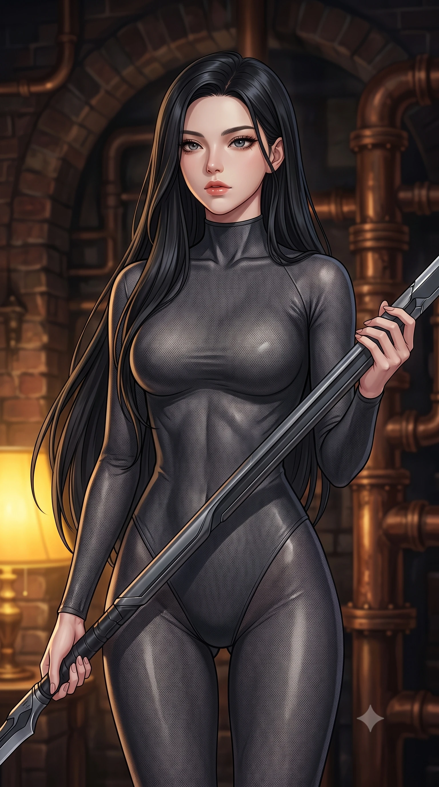 score_9, masterpiece, best quality, ultra-detailed, high-budget anime keyframe, editorial fashion photography, tasteful artistic composition, Korean woman. close-up cowboy shot from the waist and thighs up, the character dominates the composition, filling the frame with her large presence, background elements kept in soft focus. holding a deactivated nanotech glaive, looking past the camera with quiet, sharp focus and a composed expression, the background shows a soft-focus a boiler room cockpit with dark brick arches and heavy copper piping. She has an exceptionally elegant, slender, and willowy female figure with an ultra-slim waist, a gracefully sculpted slender torso, and a refined silhouette. sharp v-shaped jawline, high-bridge nose, intricate jewel-like eyes with depth, thick eyelashes, glossy lips with a natural sheen. wearing a form-contouring form-fitting dark grey nano-mesh bodysuit with a high-neck collar, tracing her slender waist and hips. warm yellow table lamp casting cozy shadows on her refined, slender silhouette. highly saturated vibrant anime colors, detailed shading with soft gradients, rich glossy textures, high-contrast stereoscopic depth, volumetric dynamic lighting, master piece, 9:16 ratio
