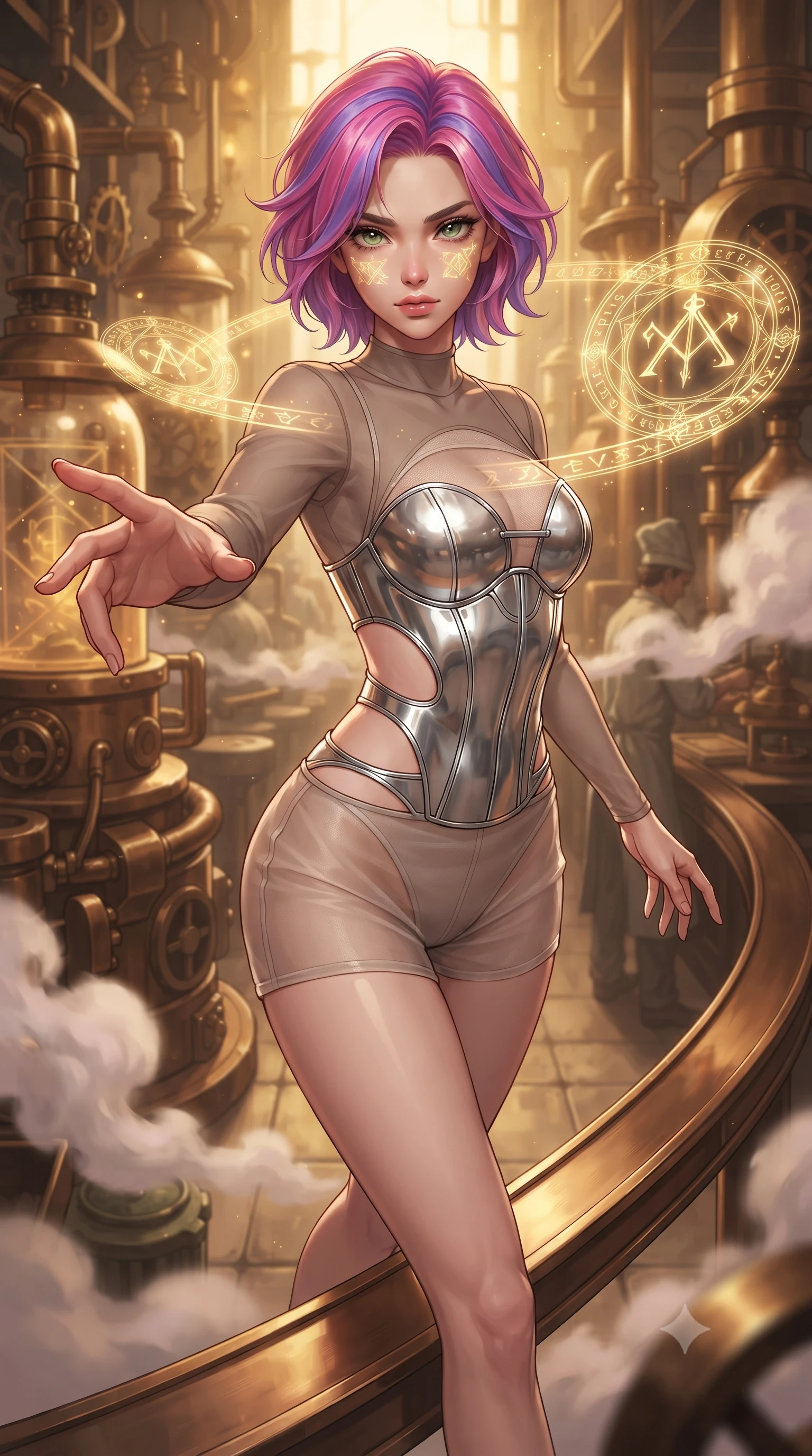 score_9, masterpiece, best quality, ultra-detailed, high-budget anime keyframe, editorial fashion photography, tasteful artistic composition, Caucasian woman. close-up cowboy shot from the waist and thighs up, the character dominates the composition, filling the frame with her large presence, background elements kept in soft focus. Reaching her hand gracefully toward the camera with magnetic allure, her torso turning in a dynamic S-curve alignment while stepping along a curved bronze beam while pastel steam clouds swirl around her, glowing alchemy runes hovering in mid-air, casting golden light on her face. She has an exceptionally elegant, slender, and willowy female figure with an ultra-slim waist, a gracefully sculpted slender torso, and a refined silhouette. sharp v-shaped jawline, high-bridge nose, intricate jewel-like eyes with depth, thick eyelashes, glossy lips with a natural sheen, flawlessly proportioned anatomical accuracy, natural body alignment, perfectly sculpted elegant limbs, clean dynamic posture without body distortion. wearing a chrome-plated structured bodice worn over a sheer mesh top and micro-shorts in muted taupe and soft ivory, woven from fine semi-opaque sheer organza, featuring clean architectural cutouts along her slender torso, the tailored fabric tightly following every curve of her athletic build. surrounded by a warm, powerful industrial alchemy atmosphere. ultra-reflective glossy finish, specular highlights, metallic sheen, high-contrast stereoscopic depth, volumetric dynamic lighting, 2k, ultra detail, master piece, 9:16 ratio