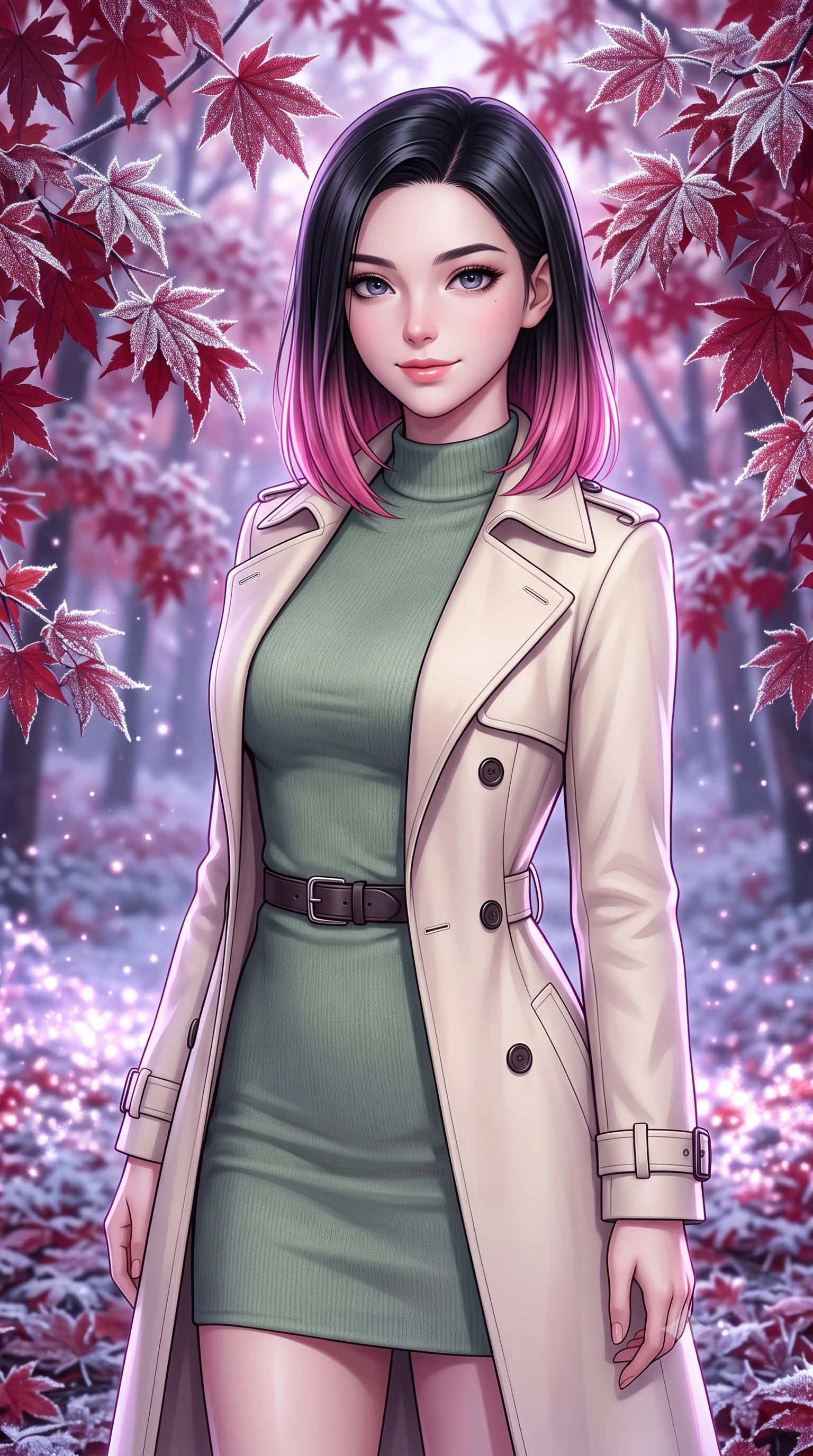 score_9, masterpiece, best quality, ultra-detailed, high-budget anime keyframe, editorial fashion photography, tasteful artistic composition, Korean woman. close-up cowboy shot from the waist and thighs up, the character dominates the composition, filling the frame with her large presence, background elements kept in soft focus. Gently tilting her head with a serene, peaceful smile of quiet happiness. set against a soft-focus background of walking through an autumn maple forest where every crimson leaf is covered in a sparkling layer of silver frost, creating a contrast of red and silver. She has an exceptionally elegant, slender, and willowy female figure with a highly-defined ultra-slim waist, a gracefully sculpted slender torso, and a refined slim-fit silhouette that contours her form. sharp v-shaped jawline, high-bridge nose, intricate jewel-like eyes with depth, thick eyelashes, glossy lips with a natural sheen. wearing a tailored slim-fit cream trench coat layered over a form-fitting sage green mock-neck cashmere dress, cinched with a dark leather belt. cool purple and pink morning dawn light reflecting off the frosted leaves, creating a sparkling and glowing forest floor. 2k, ultra detail, master piece, 9:16 ratio