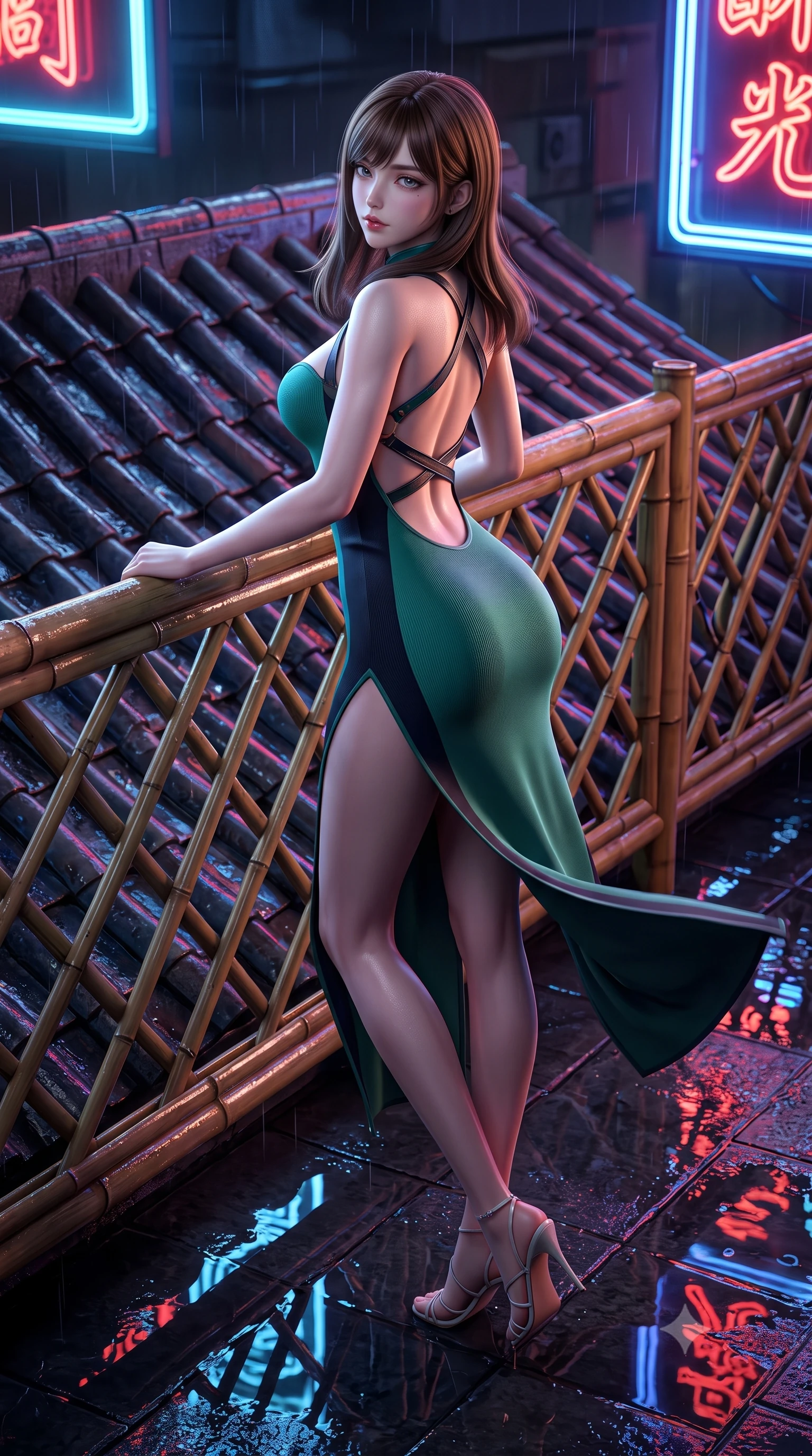 score_9, masterpiece, best quality, ultra-detailed, high-budget anime keyframe, semi-realistic 3D game render, editorial fashion photography, tasteful artistic composition, Korean woman. low angle full-body shot from head to toe showing her feet, filling the entire 9:16 vertical frame with her statuesque presence, stretching her vertical silhouette. executing an elegant mid-motion pivot turn as garments swirl around her slender limbs, glancing over her shoulder with an intoxicating bedroom-gaze while leaning deep against a rain-slicked rooftop bamboo railing with hips cocked back, looking over her shoulder as neon reflections wash over her curvy silhouette. The surrounding environment is rendered in vivid detail and crisp panoramic clarity. sharp bamboo lattice textures, wet ceramic roof tiles, and glowing neon tube reflections in deep focus. She has an absolutely perfect, statuesque 8.5-heads proportion, an exceptionally tall and slender model-like female figure with impossibly long slender legs, a toned flat midriff, an ultra-slim waist, and beautifully sculpted feminine hips. sharp v-shaped jawline, high-bridge nose, intricate jewel-like eyes with depth, thick eyelashes, glossy parted lips with a natural sheen, intensely captivating and seductive bedroom-eyes expression, flawlessly proportioned anatomical accuracy, strict slender model proportions, natural body alignment, perfectly sculpted long slender limbs, ultra-slim waistline, clean dynamic posture without body distortion. wearing a plunging sweetheart neckline cheongsam dress with an open scooped back and high side slit in jade green and dark obsidian, made of seamless compression knit with anatomical curves sculpting, finished with criss-cross back harness straps framing her bare spine, the liquid-tight tailored fabric clinging flawlessly to her narrow waist and rounded feminine hips, emphasizing every millimeter of her sculpted hourglass curves during movement. illuminated by wet specular asphalt bounce lights sharply sculpting her narrow waist and rounded hips. highly saturated vibrant anime colors, detailed shading with soft gradients, rich glossy textures, high-contrast stereoscopic depth, volumetric dynamic lighting, master piece, 9:16 ratio
