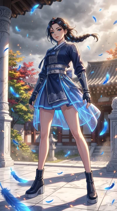 score_9, masterpiece, best quality, ultra-detailed, High-budget Anime Keyframe, beautiful Korean anime girl. Low angle cowboy shot filling the entire 9:16 frame with her overwhelming presence. Standing in a rain of blue feathers in a white marble cou