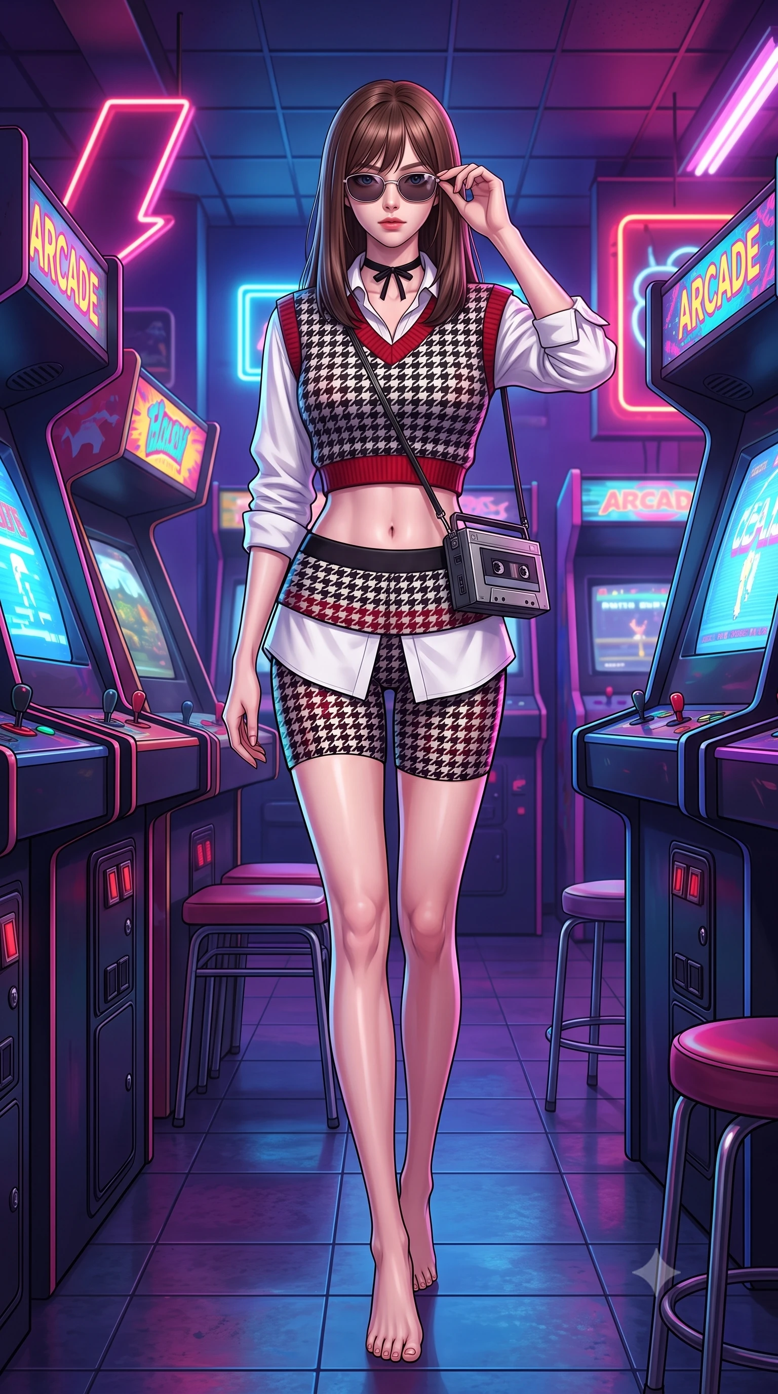 score_9, masterpiece, best quality, ultra-detailed, high-budget anime keyframe, semi-realistic 3D game render, editorial fashion photography, tasteful artistic composition, Korean woman. low angle full-body shot from head to toe showing her feet, filling the entire 9:16 vertical frame with her statuesque presence, stretching her vertical silhouette. landing lightly on the balls of her feet in a balanced kinetic stance, eyes locked onto the camera with fearless allure while stepping out of the arcade into the neon-lit alleyway, adjusting her cassette tape player with supreme retro cool. The surrounding environment is rendered in vivid detail and crisp panoramic clarity. vivid high-energy retro gaming chiaroscuro and authentic 80s arcade culture aesthetics rendered with precision. She has an absolutely perfect, statuesque 8.5-heads proportion, an exceptionally tall and slender model-like female figure with impossibly long slender legs, a toned flat midriff, and an ultra-slim waist. sharp v-shaped jawline, high-bridge nose, intricate jewel-like eyes with depth, thick eyelashes, glossy lips with a natural sheen, captivating and magnetic expression, flawlessly proportioned anatomical accuracy, strict slender model proportions, natural body alignment, perfectly sculpted long slender limbs, ultra-slim waistline, clean dynamic posture without body distortion. wearing an oversized 90s knit sweater vest worn over a crisp white boyfriend shirt and cycling shorts in classic monochrome houndstooth and cherry red, tailored from velvety soft genuine suede with classic stitched seams, finished with a delicate black velvet ribbon choker and vintage sunglasses, the glove-like aerodynamic second-skin fit tightly clinging to her ultra-slender waist and athletic curves without adding bulk, accentuating her razor-sharp statuesque lines and slim hourglass silhouette. illuminated by crisp directional highlights defining her toned midriff, slender waist, and long legs. highly saturated vibrant anime colors, detailed shading with soft gradients, rich glossy textures, high-contrast stereoscopic depth, volumetric dynamic lighting, master piece, 9:16 ratio