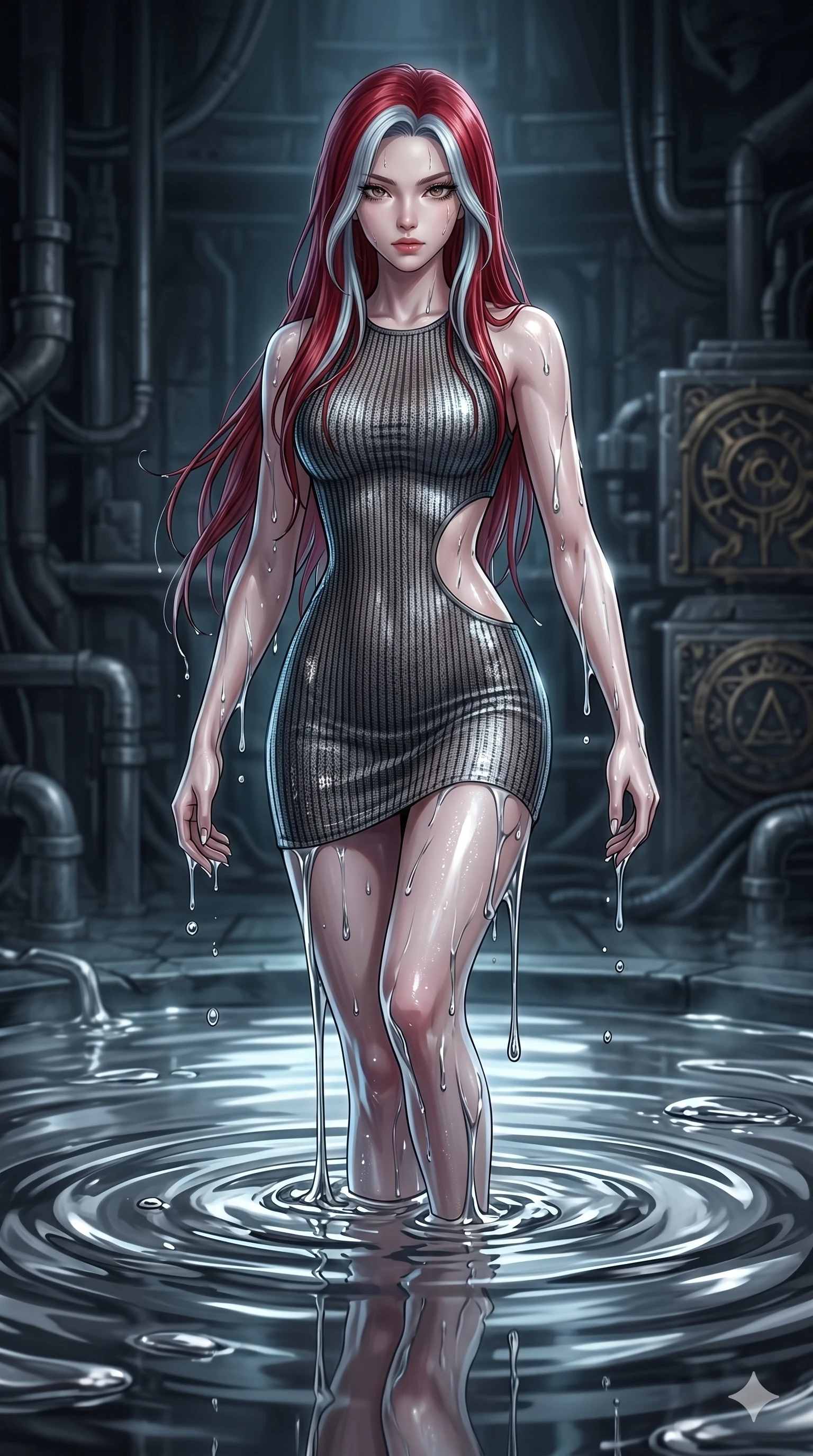 score_9, masterpiece, best quality, ultra-detailed, High-budget Anime Keyframe, East Asian woman. Dynamic full-body shot stretching the vertical silhouette to the limit. Scenario 74: Rising from a pool of mercury-like liquid, droplets rolling off her skin. Her presence is magnetic and overpowering in this high-budget anime scene. Outfit 74: A ribbed bodycon knit micro-mesh with a strategic side cut-outs and wet-look texture. The clothing is designed to emphasize her exceptionally tall and slender 8-heads proportion. 8-heads proportion, towering silhouette, ultra-slim waist. sharp v-shaped jawline, intricate jewel-like eyes with depth, thick eyelashes, glossy lips. 2k, ultra detail, master piece, 9:16 ratio