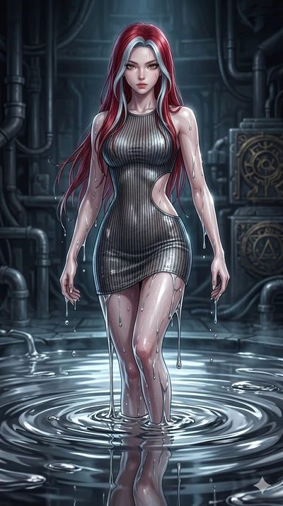score_9, masterpiece, best quality, ultra-detailed, High-budget Anime Keyframe, East Asian woman. Dynamic full-body shot stretching the vertical silhouette to the limit. Scenario 74: Rising from a pool of mercury-like liquid, droplets rolling off her