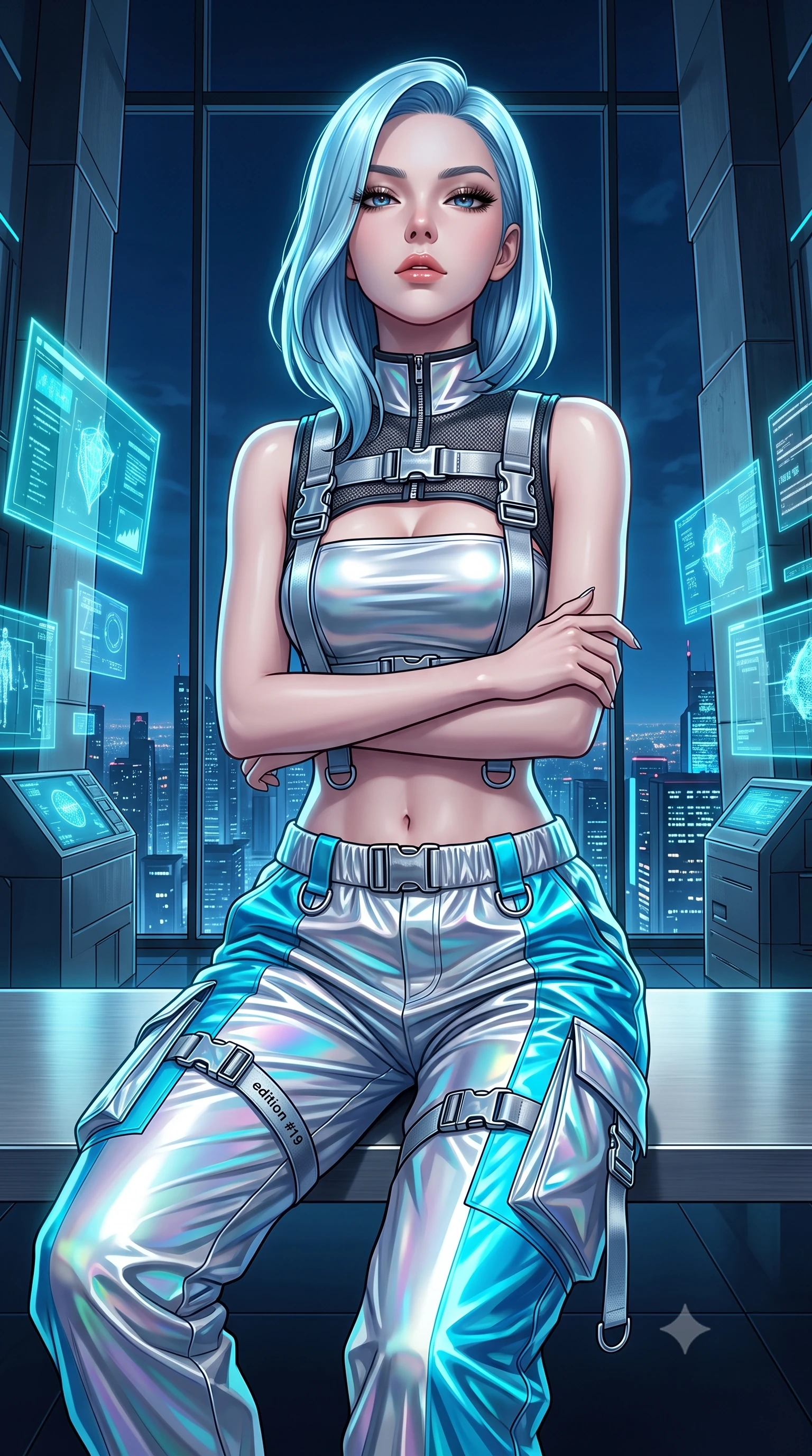 score_9, masterpiece, best quality, ultra-detailed, high-budget anime keyframe, semi-realistic 3D game render, editorial fashion photography, tasteful artistic composition, Korean woman. close-up cowboy shot from the waist and thighs up, the character dominates the composition, filling the frame with her large presence. tilting her chin up with proud, sovereign confidence while gazing directly into the lens with thick, dark eyelashes while sitting on the edge of a floating chrome desk with arms folded loosely, gazing through the one-way panoramic glass into the night. The surrounding environment is rendered in vivid detail and crisp panoramic clarity. ultra-refined high-tech espionage chiaroscuro and monumental corporate tower architecture in sharp resolution. She has an exceptionally elegant, slender, and willowy female figure with an ultra-slim waist, a gracefully sculpted slender torso, toned flat midriff, and a refined slim silhouette. sharp v-shaped jawline, high-bridge nose, intricate jewel-like eyes with depth, thick eyelashes, glossy lips with a natural sheen, captivating and magnetic expression, flawlessly proportioned anatomical accuracy, strict slender model proportions, natural body alignment, perfectly sculpted long slender limbs, ultra-slim waistline, clean dynamic posture without body distortion. wearing a futuristic cropped tech-harness vest worn over a silver reflective tube top and high-rise metallic parachute cargo pants in holographic silver and electric cyan, crafted from high-gloss metallic ripstop nylon and flexible carbon mesh, detailed with heavy-duty chrome quick-release buckles and D-ring straps edition #19, the form-contouring material adhering flawlessly to her sculpted flat midriff and slender torso, emphasizing her long leg lines and perfectly proportioned willowy build. bathed in ambient cyan and ice-blue holographic screen glow combined with midnight city skylight. highly saturated vibrant anime colors, detailed shading with soft gradients, rich glossy textures, high-contrast stereoscopic depth, volumetric dynamic lighting, master piece, 9:16 ratio