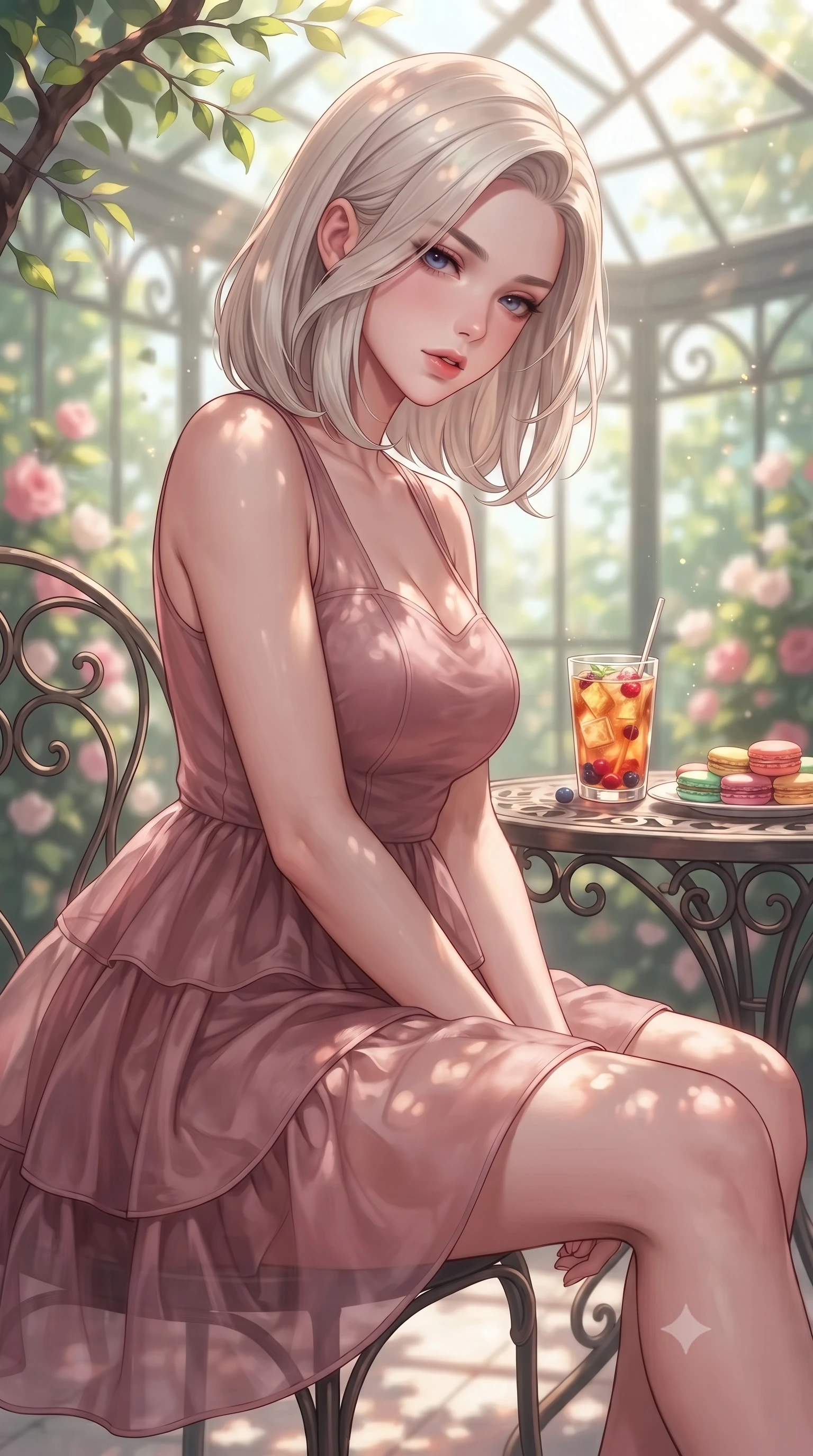 score_9, masterpiece, best quality, ultra-detailed, high-budget anime keyframe, editorial fashion photography, tasteful artistic composition, Caucasian woman. close-up cowboy shot from the waist and thighs up, the character dominates the composition, filling the frame with her large presence, background elements kept in soft focus. looking down at the viewer beneath lowered lashes with a quiet, smoldering confidence and parted lips set against a soft-focus background of inside an exclusive rose conservatory with a glass of iced fruit tea and delicate macaron pastries arranged on the table. She has an exceptionally elegant, slender, and willowy female figure with an ultra-slim waist, a gracefully sculpted slender torso, and a refined silhouette. sharp v-shaped jawline, high-bridge nose, intricate jewel-like eyes with depth, thick eyelashes, glossy lips with a natural sheen. wearing form-contouring dusty rose sheer organza flowy linen sundress with a comfortable tiered skirt silhouette featuring refined tailored seams. highlighted by dappled sunlight filtering through leafy branches, creating soft organic patterns. highly saturated vibrant anime colors, detailed shading with soft gradients, rich glossy textures, high-contrast stereoscopic depth, volumetric dynamic lighting, master piece, 9:16 ratio