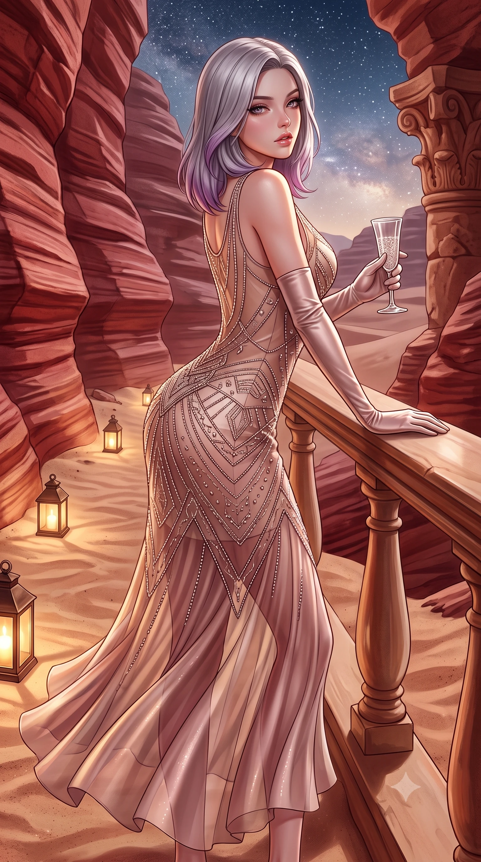 score_9, masterpiece, best quality, ultra-detailed, high-budget anime keyframe, semi-realistic 3D game render, editorial fashion photography, tasteful artistic composition, Caucasian woman. close-up cowboy shot from the waist and thighs up, the character dominates the composition, filling the frame with her large presence. leaning forward against the polished railing with her hips cocked back, creating an intoxicating curve from her narrow waist to sculpted hips as she gazes back into the lens while walking gracefully down the lantern-lit sand pathway, her sweeping desert gown fluttering around her long slender limbs under the starlit sky. The surrounding environment is rendered in vivid detail and crisp panoramic clarity. sharp rose-red sandstone stratification ripples, desert sand grain texture, and carved rock capitals in deep focus. She has an exceptionally elegant, slender, and willowy female figure with an ultra-slim waist, flat toned midriff, narrow ribcage, and sculpted feminine hips creating an alluring, slim hourglass silhouette without bulk. sharp v-shaped jawline, high-bridge nose, intricate jewel-like eyes with depth, thick eyelashes, glossy parted lips with a natural sheen, intensely captivating and seductive bedroom-eyes expression, flawlessly proportioned anatomical accuracy, strict slender model proportions, natural body alignment, perfectly sculpted long slender limbs, ultra-slim waistline, clean dynamic posture without body distortion. wearing a sheer vintage mesh flapper dress adorned with intricate geometric beadwork over an opaque silk slip in dusky blush rose and champagne shimmer, woven from layered gossamer chiffon with a weightless sweeping drape, accessorized with opera-length satin gloves and a vintage crystal glass, the glove-like aerodynamic silhouette tightly following the natural contour of her hips and long slender legs with statuesque 8.5-heads elegance. illuminated by warm sandstone ambient reflections sharply contouring her razor-sharp jawline, narrow waist, and curvy hips. highly saturated vibrant anime colors, detailed shading with soft gradients, rich glossy textures, high-contrast stereoscopic depth, volumetric dynamic lighting, master piece, 9:16 ratio