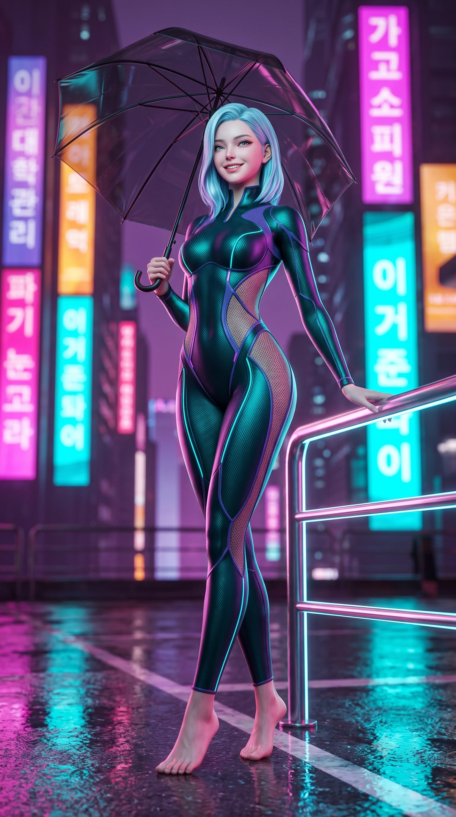 score_9, masterpiece, best quality, ultra-detailed, high-budget anime keyframe, semi-realistic 3D game render, editorial fashion photography, tasteful artistic composition, Korean woman. low angle full-body shot from head to toe showing her feet, filling the entire 9:16 vertical frame with her statuesque presence, stretching her vertical silhouette. standing in a tall, confident posture with one hand on a glowing metal railing, stretching her statuesque body as she arches her lower back to emphasize her sculpted feminine hips and slender waist while standing poised on the wet reflective helipad under a black transparent umbrella, arching her back with sovereign supermodel poise. The background shows a soft-focus towering futuristic Neo-Seoul mega-skyscrapers with vertical Korean holographic billboards blurred into magenta, amber, and laser turquoise bokeh. She has an absolutely perfect, statuesque 8.5-heads proportion, an exceptionally tall and slender model-like female figure with impossibly long slender legs, an ultra-slim waist, a flat toned midriff, narrow delicate ribcage, and beautifully sculpted feminine hips creating a graceful, slim hourglass silhouette without any bulky heaviness. sharp v-shaped jawline, high-bridge nose, intricate jewel-like sparkling eyes with depth, thick eyelashes, glossy parted lips with a natural sheen, bright confident smile with an enchanting and coquettish sensual glint, exuding both youthful magnetic charm and sovereign high-tech allure, flawlessly proportioned anatomical accuracy, strict slender model proportions, natural body alignment, perfectly sculpted long slender limbs, ultra-slim waistline, clean dynamic posture without body distortion. wearing a futuristic cut-out nano-suit with diamond-shaped side-torso mesh insets tracing her slim hourglass curves in dark emerald teal and ultraviolet glow lines, crafted from lightweight aerodynamic matte carbon-fiber weave with structural stiffness, accented with glowing neon fiber-optic piping tracing her spine and hip lines, the aerodynamic second-skin silhouette tightly following the natural contour of her hips and long slender legs with youthful 8.5-heads elegance. bathed in intense saturated magenta and electric cyan billboard reflections bouncing off wet asphalt. highly saturated vibrant anime colors, detailed shading with soft gradients, rich glossy textures, high-contrast stereoscopic depth, volumetric dynamic lighting, master piece, 9:16 ratio