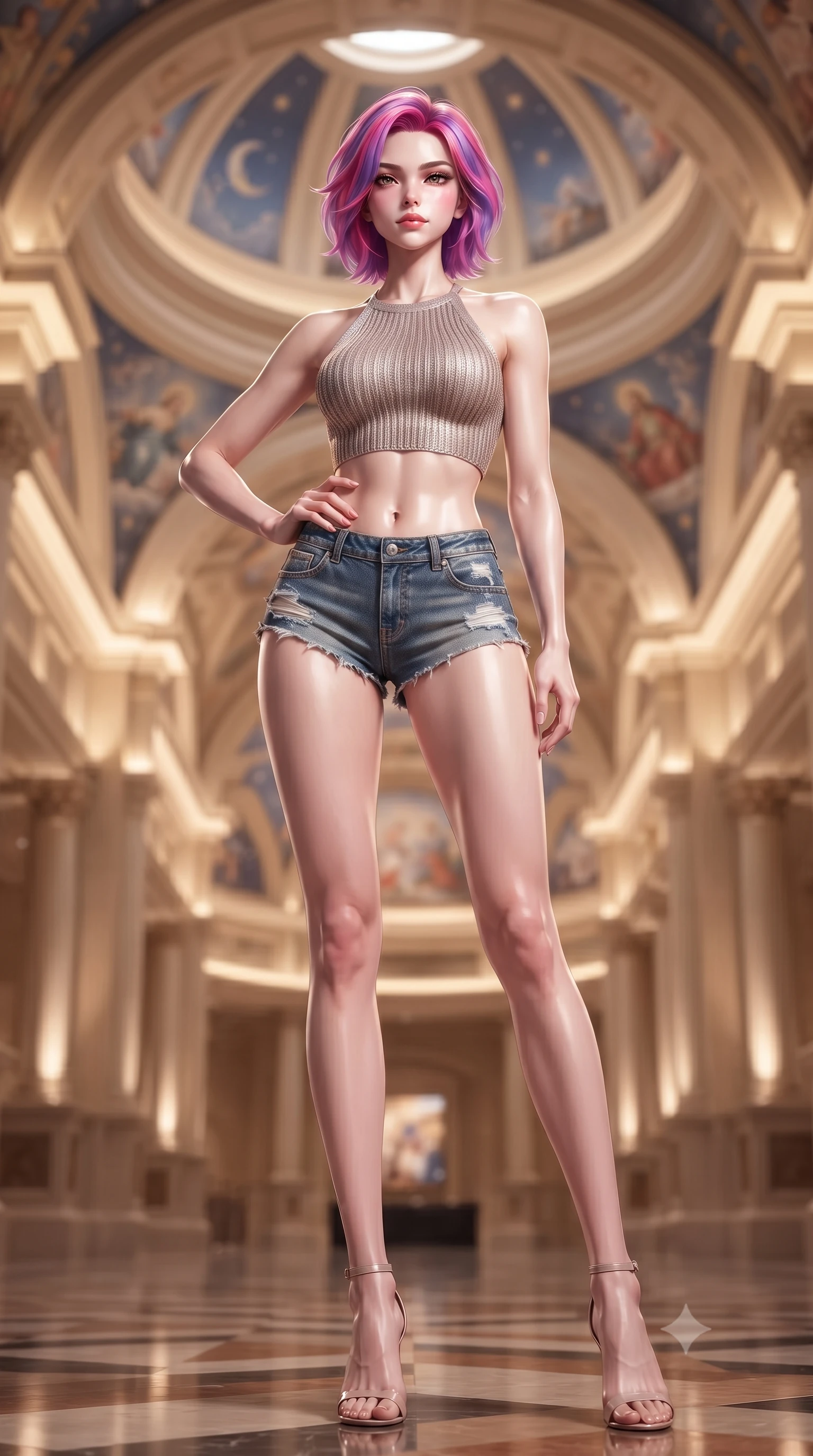 score_9, masterpiece, best quality, ultra-detailed, high-budget anime keyframe, editorial fashion photography, tasteful artistic composition, Caucasian woman. low angle full-body shot from head to toe showing her feet, filling the entire 9:16 vertical frame with her statuesque presence, stretching her vertical silhouette. posing confidently with one hand on her hip, stretching her statuesque body to emphasize her curves the background shows a soft-focus the high-ceiling dome corridor of an opera house with celestial paintings. She has an absolutely perfect, statuesque 8.5-heads proportion, an exceptionally tall and slender model-like female figure with impossibly long slender legs and an ultra-slim waist. sharp v-shaped jawline, high-bridge nose, intricate jewel-like eyes with depth, thick eyelashes, glossy lips with a natural sheen. wearing a body-hugging chic knit halter crop top paired with denim micro-shorts, showing her delicately sculpted midriff. soft uplighting casting a peaceful, grand glow over her silhouette. ultra-reflective glossy finish, specular highlights, metallic sheen, high-contrast stereoscopic depth, volumetric dynamic lighting, 2k, ultra detail, master piece, 9:16 ratio