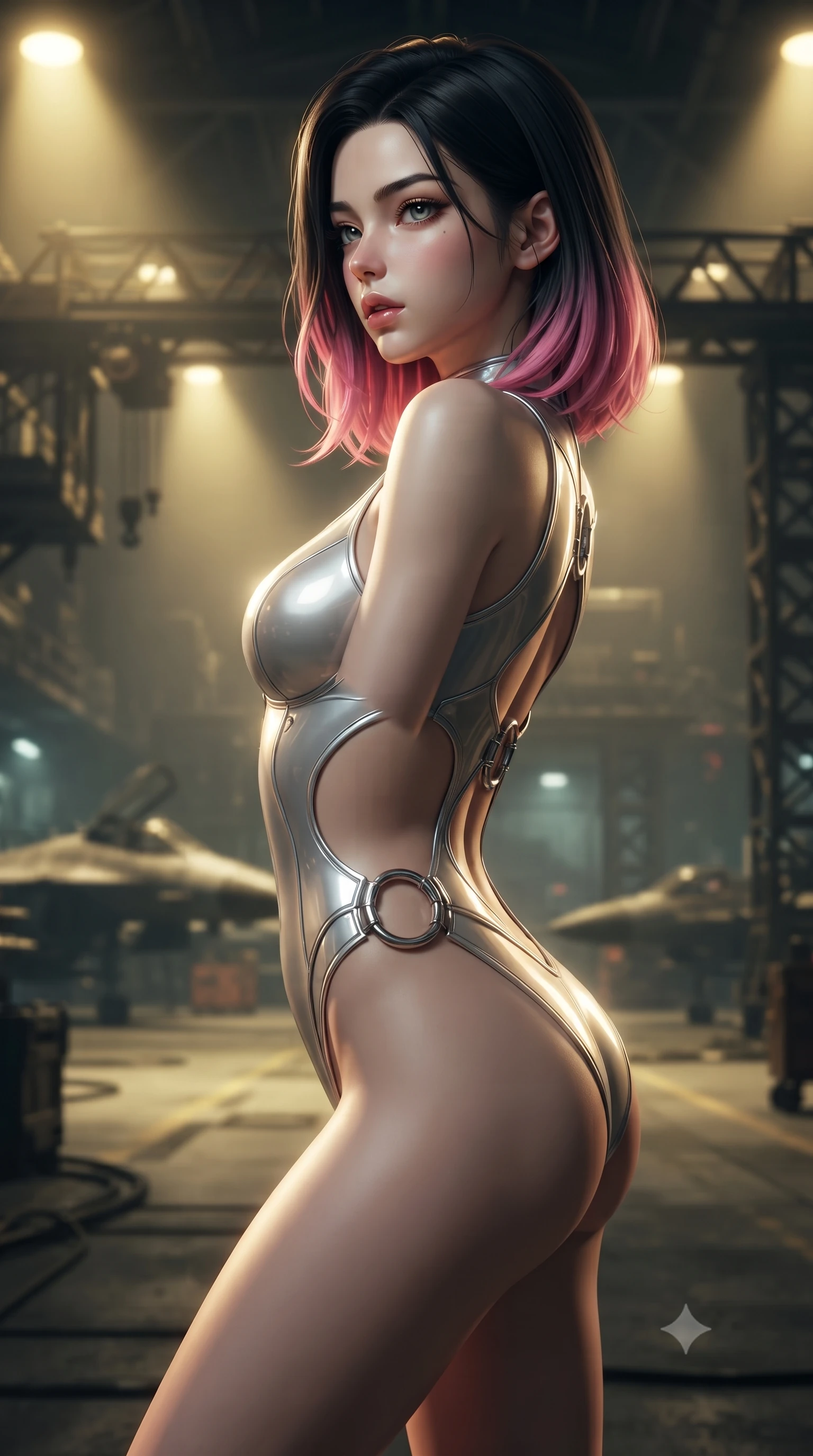 score_9, masterpiece, best quality, ultra-detailed, high-budget anime keyframe, editorial fashion photography, tasteful artistic composition, Korean woman. close-up cowboy shot from the waist and thighs up, the character dominates the composition, filling the frame with her large presence, background elements kept in soft focus. turning her face in profile to look over her shoulder, casting a smoldering side gaze with lips slightly parted, the background shows a soft-focus a garage runway inside a mountain bunker with parked fighter crafts. She has an exceptionally elegant, slender, and willowy female figure with an ultra-slim waist, a gracefully sculpted slender torso, and a refined silhouette. sharp v-shaped jawline, high-bridge nose, intricate jewel-like eyes with depth, thick eyelashes, glossy lips with a natural sheen. wearing a form-contouring light carbon-plate combat bodysuit featuring dramatic geometric open-waist cutouts framed by chrome ring hardware. harsh sodium yellow spotlights casting dramatic industrial shadows. ultra-reflective glossy finish, specular highlights, metallic sheen, high-contrast stereoscopic depth, volumetric dynamic lighting, 2k, ultra detail, master piece, 9:16 ratio