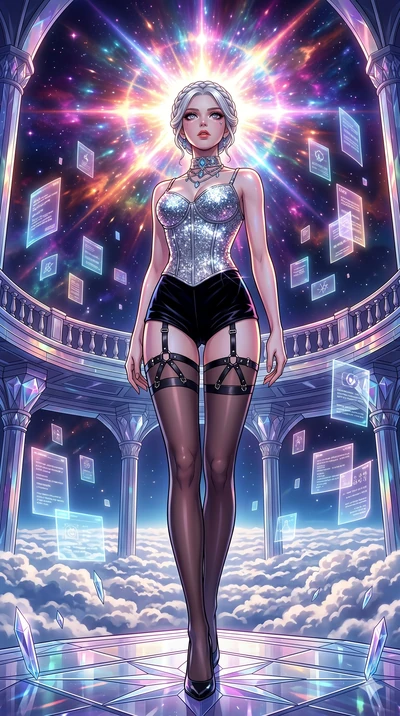 score_9, masterpiece, best quality, ultra-detailed, high-budget anime movie keyframe, cinematic anime lighting, intricate line art, Japanese woman. Low angle cowboy shot filling the entire 9:16 frame with her statuesque presence. observing a supernov