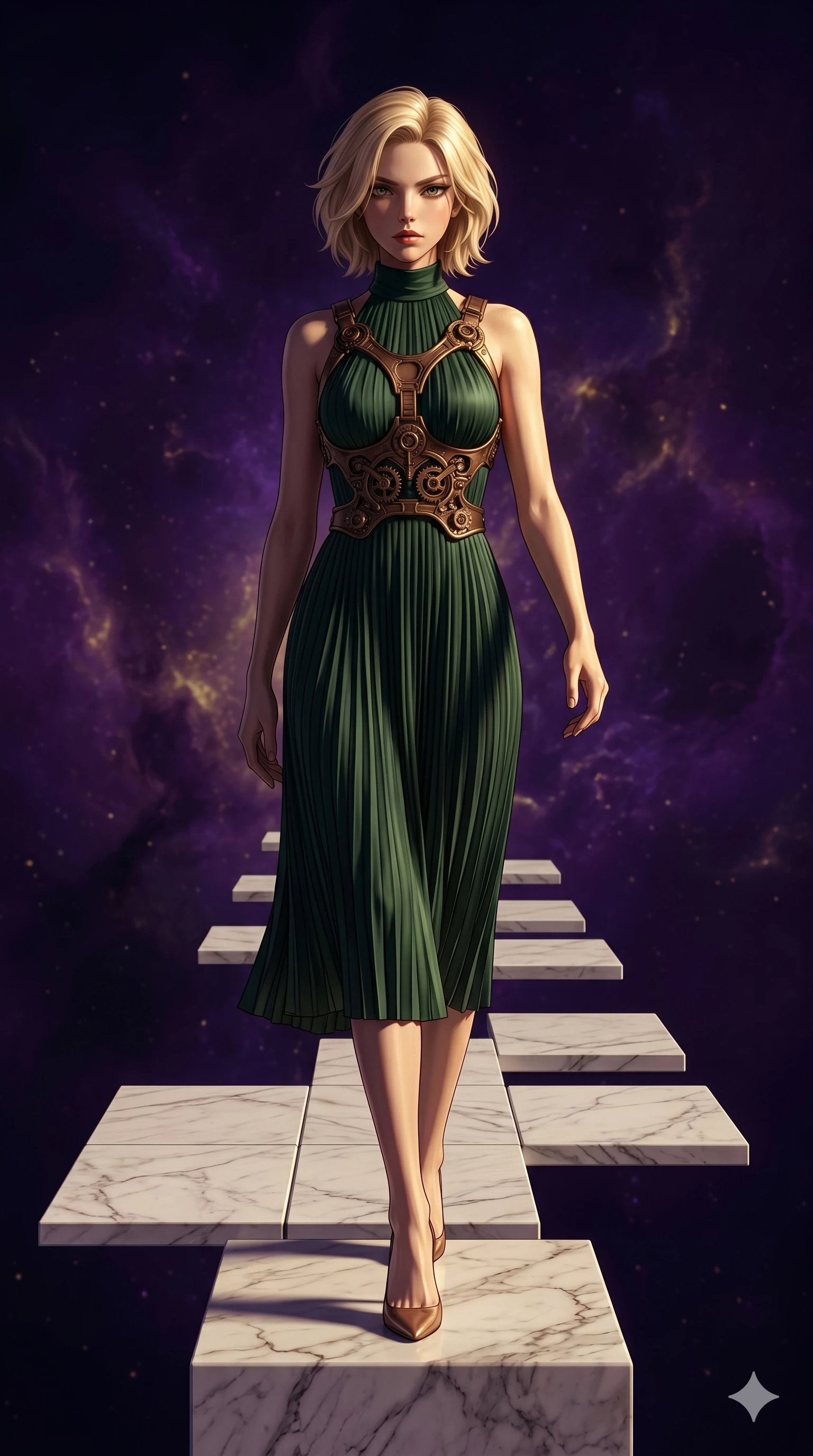score_9, masterpiece, best quality, ultra-detailed, high-budget anime keyframe, editorial fashion photography, tasteful artistic composition, Caucasian woman, strictly human ears. low angle full-body shot from head to toe showing her feet, filling the entire 9:16 vertical frame with her statuesque presence, stretching her vertical silhouette. Stepping powerfully forward onto an elevated surface on a pathway of white marble tiles floating in a dark void of purple nebula gas. She has an absolutely perfect 8-heads proportion, an exceptionally tall and slender female figure with impossibly long slender legs and an ultra-slim waist. V-shaped jawline, high-bridge nose, intricate jewel-like eyes with depth, thick eyelashes, glossy lips with a natural sheen. wearing a sculpted bronze harness with gear-inspired details worn over a structured high-neck midi dress in forest green pleated silk. lit by dramatic chiaroscuro with a single golden key light carving her facial contours and figure. 2k, ultra detail, master piece, 9:16 ratio
