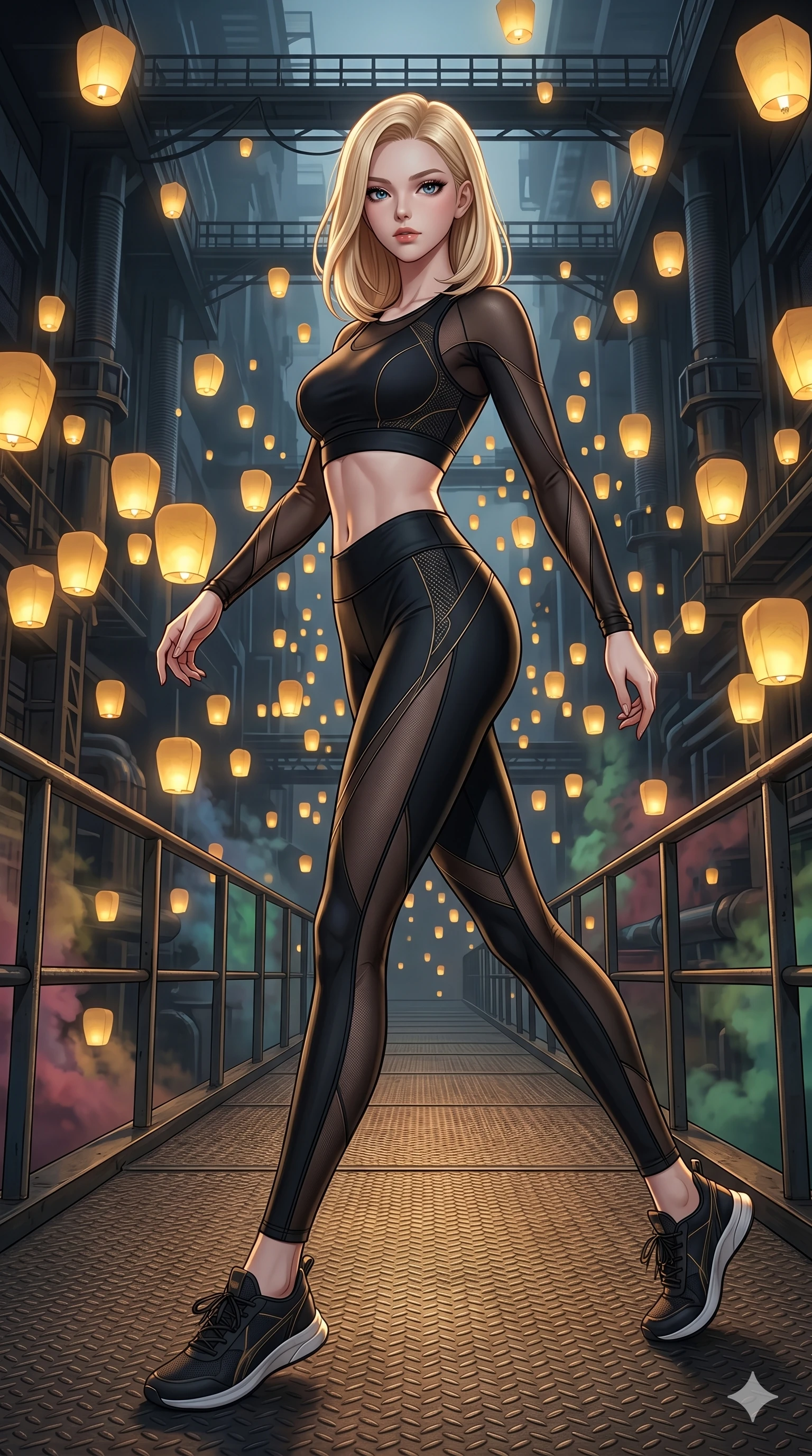 score_9, masterpiece, best quality, ultra-detailed, high-budget anime keyframe, editorial fashion photography, tasteful artistic composition, Korean woman. low angle full-body shot from head to toe showing her feet, filling the entire 9:16 vertical frame with her statuesque presence, stretching her vertical silhouette. Executing a dynamic turning step with one leg extended behind her, highlighting her athletic build on a metal bridge crossing a deep industrial canyon filled with venting gas. She has an absolutely perfect 8-heads proportion, an exceptionally tall and slender female figure with impossibly long slender legs and an ultra-slim waist. V-shaped jawline, high-bridge nose, intricate jewel-like eyes with depth, thick eyelashes, glossy lips with a natural sheen. wearing a high-fashion athletic set featuring a structured sports top and leggings with sheer-mesh contouring panels. illuminated by thousands of floating golden lanterns casting a soft, warm, glowing atmosphere. 2k, ultra detail, master piece, 9:16 ratio
