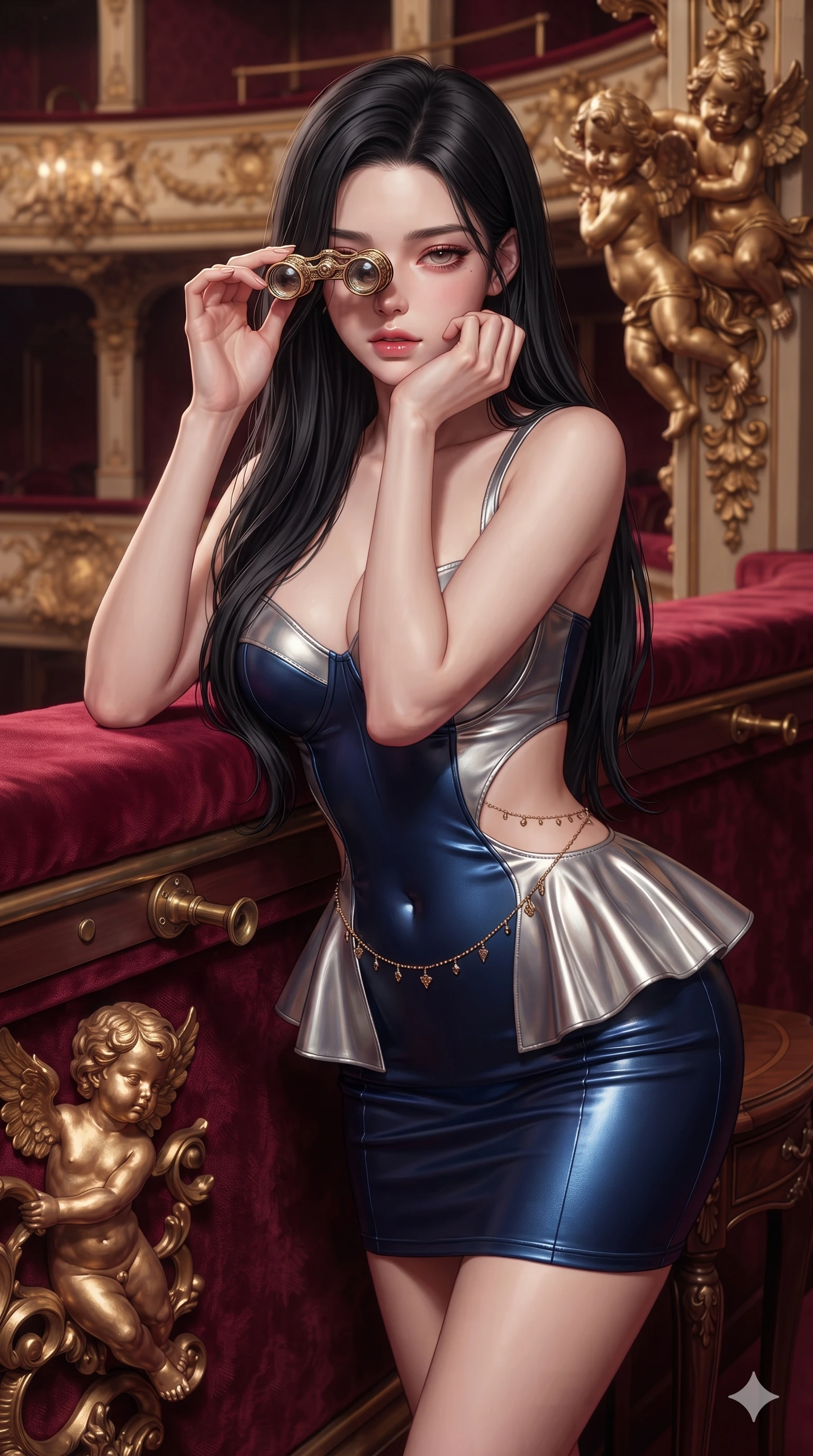 score_9, masterpiece, best quality, ultra-detailed, high-budget anime keyframe, editorial fashion photography, tasteful artistic composition, Korean woman. close-up cowboy shot from the waist and thighs up, the character dominates the composition, filling the frame with her large presence. resting one elbow on the table and supporting her chin, leaning close to the camera with heavy-lidded sparkling eyes and parted lips while leaning against the plush crimson velvet loge railing with hips cocked back, looking through antique opera glasses with heavy-lidded seductive bedroom-eyes. The surrounding environment is rendered in vivid detail and crisp panoramic clarity: sharp carved rococo gold-leaf cherubs, heavy velvet weave texture, and polished brass railing brackets in deep focus. She has an exceptionally elegant, slender, and willowy female figure with an ultra-slim waist, flat toned midriff, narrow ribcage, and sculpted feminine hips creating an alluring, slim hourglass silhouette without bulk. sharp v-shaped jawline, high-bridge nose, intricate jewel-like sparkling eyes with depth, thick eyelashes, glossy parted lips with a natural sheen, intensely captivating and seductive bedroom-eyes expression, exuding both youthful cute charm and sovereign luxury allure, flawlessly proportioned anatomical accuracy, strict slender model proportions, natural body alignment, perfectly sculpted long slender limbs, ultra-slim waistline, clean dynamic posture without body distortion. wearing a modern peplum corset dress with side-waist diamond cutouts and an ultra-tight silhouette in midnight sapphire blue and liquid platinum, made of fluid liquid jersey with seamless sculpting hold and smooth contours, accented with a dainty gold belly chain resting across her flat midriff and curving hips, the form-contouring cut accentuating her sculpted flat midriff, narrow delicate ribcage, and gracefully curvy hips with intoxicating allure. illuminated by velvet railing bounce and sharp gold-crimson rim lights defining her razor-sharp jawline, narrow waist, and curvy hips. ultra-reflective glossy finish, specular highlights, rich textural contrasts, high-contrast stereoscopic depth, volumetric dynamic lighting, 2k, ultra detail, master piece, 9:16 ratio