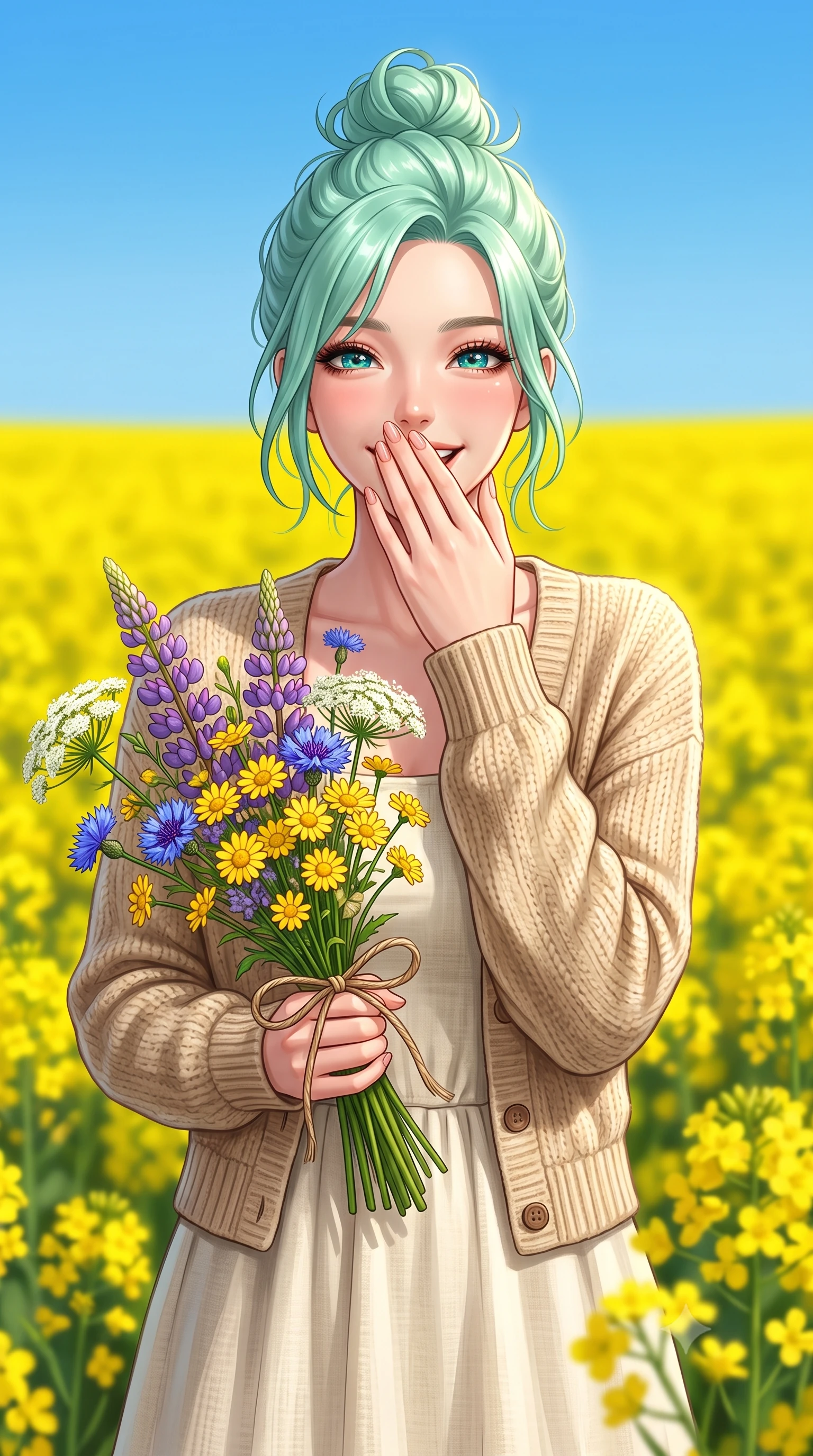 score_9, masterpiece, best quality, ultra-detailed, high-budget anime keyframe, editorial fashion photography, tasteful artistic composition, Japanese woman. close-up cowboy shot from the waist and thighs up, the character dominates the composition, filling the frame with her large presence, background elements kept in soft focus. giggling cutely behind her hand, her eyes sparkling with joy and bright energy set against a soft-focus background of in a vast field of bright yellow canola flowers under a clear blue sky holding a beautiful wildflower bouquet tied with a simple twine ribbon. She has an exceptionally elegant, slender, and willowy female figure with an ultra-slim waist, a gracefully sculpted slender torso, and a refined silhouette. sharp v-shaped jawline, high-bridge nose, intricate jewel-like eyes with depth, thick eyelashes, glossy lips with a natural sheen. wearing slim-fit cozy knit cardigan in beige, layered over a casual linen dress. bright midday sun rays highlighting the vibrant colors of the flowers. highly saturated vibrant anime colors, detailed shading with soft gradients, rich glossy textures, high-contrast stereoscopic depth, volumetric dynamic lighting, master piece, 9:16 ratio