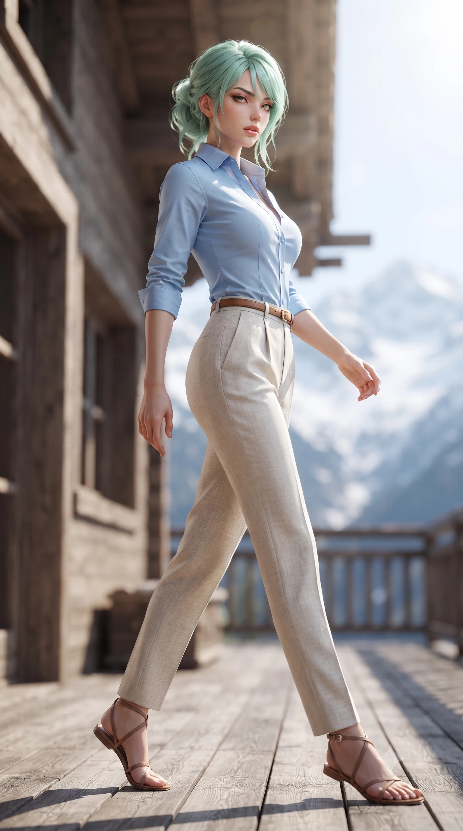 score_9, masterpiece, best quality, ultra-detailed, high-budget anime keyframe, editorial fashion photography, tasteful artistic composition, Japanese woman woman. low angle full-body shot from head to toe showing her feet, filling the entire 9:16 vertical frame with her statuesque presence, stretching her vertical silhouette. stepping gracefully while looking back over her shoulder, her dress draped tightly to reveal her silhouette the background shows a soft-focus a wooden veranda of a luxury chalet facing majestic snow-capped peaks. She has an absolutely perfect, statuesque 8.5-heads proportion, an exceptionally tall and slender model-like female figure with impossibly long slender legs and an ultra-slim waist. sharp v-shaped jawline, high-bridge nose, intricate jewel-like eyes with depth, thick eyelashes, glossy lips with a natural sheen. wearing a body-hugging tailored sky blue button-down shirt tucked into high-waisted beige linen trousers. bright morning alpine sun highlighting the white snow and green pine trees. ultra-reflective glossy finish, specular highlights, metallic sheen, high-contrast stereoscopic depth, volumetric dynamic lighting, 2k, ultra detail, master piece, 9:16 ratio