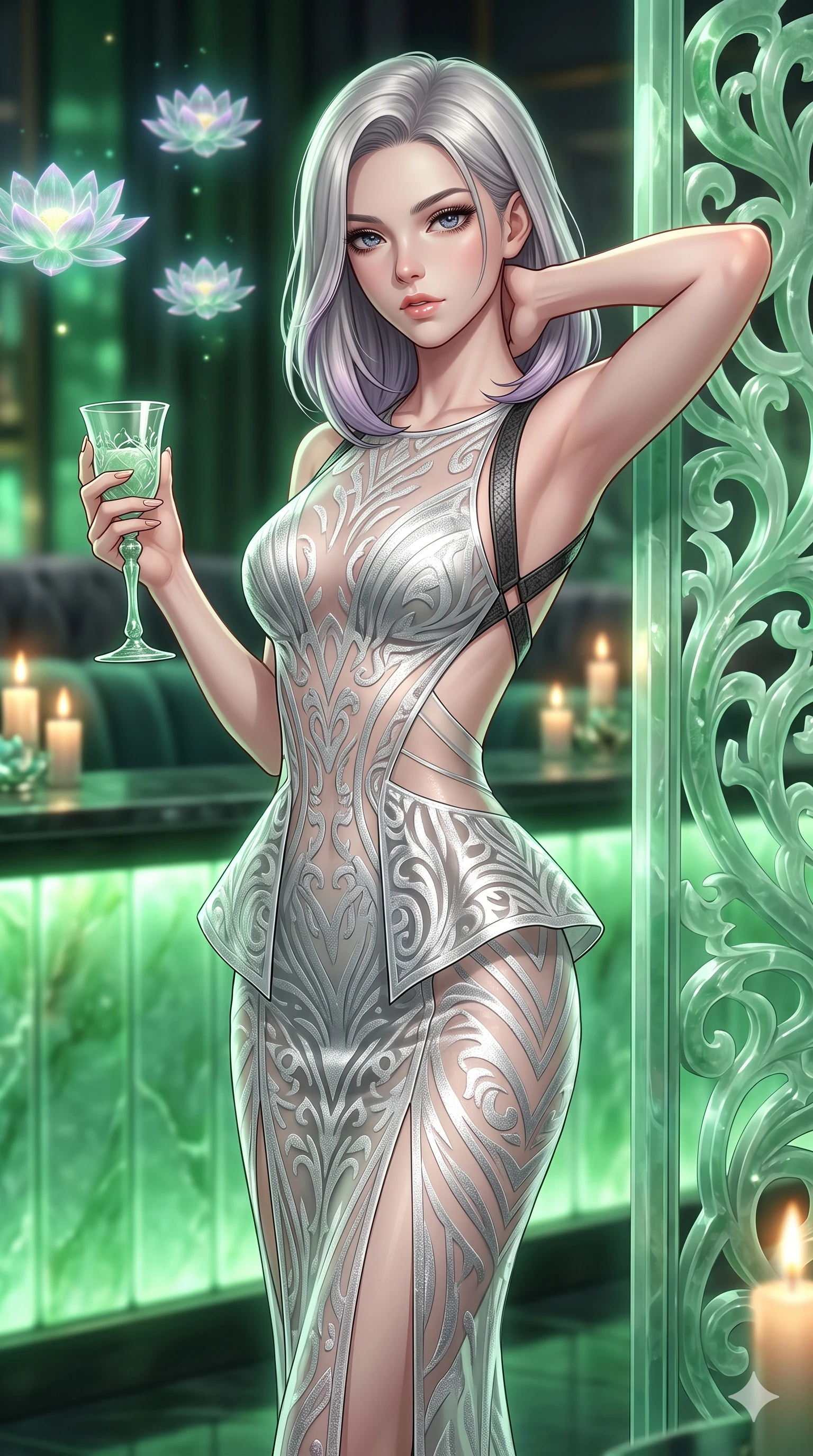 score_9, masterpiece, best quality, ultra-detailed, high-budget anime keyframe, semi-realistic 3D game render, editorial fashion photography, tasteful artistic composition, Caucasian woman. close-up cowboy shot from the waist and thighs up, the character dominates the composition, filling the frame with her large presence. resting both hands lightly behind her neck with elbows raised, arching her spine to highlight her narrow waist, flat midriff, and breathtaking collarbones while standing poised beside the sculptural jade screen, arching her lower back with sovereign supermodel poise while holding a jade-stemmed glass. The background shows a soft-focus translucent illuminated green jade bar panels, floating holographic lotus flowers, and velvet banquettes blurred into emerald, mint, and charcoal bokeh. She has an exceptionally elegant, slender, and willowy female figure with an ultra-slim waist, flat toned midriff, narrow ribcage, and sculpted feminine hips creating an alluring, slim hourglass silhouette without bulk. sharp v-shaped jawline, high-bridge nose, intricate jewel-like sparkling eyes with depth, thick eyelashes, glossy parted lips with a natural sheen, intensely captivating and seductive bedroom-eyes expression, exuding both youthful cute charm and sovereign luxury allure, flawlessly proportioned anatomical accuracy, strict slender model proportions, natural body alignment, perfectly sculpted long slender limbs, ultra-slim waistline, clean dynamic posture without body distortion. wearing a structural geometric peplum gown with sheer side-ribbon cutouts and form-fitting skirt in shimmering silver mercury and pearl white, made of sheer contouring power-mesh with velvet flocking patterns, featuring an open-back criss-cross harness strap in dark leather, the liquid-tight tailored fabric clinging flawlessly to her narrow waist and rounded feminine hips, emphasizing every millimeter of her sculpted slim hourglass curves without any bulky heaviness. bathed in the ethereal, soothing emerald-green luminescence of the backlit jade counter combined with warm candlelit accent lights. highly saturated vibrant anime colors, detailed shading with soft gradients, rich glossy textures, high-contrast stereoscopic depth, volumetric dynamic lighting, master piece, 9:16 ratio