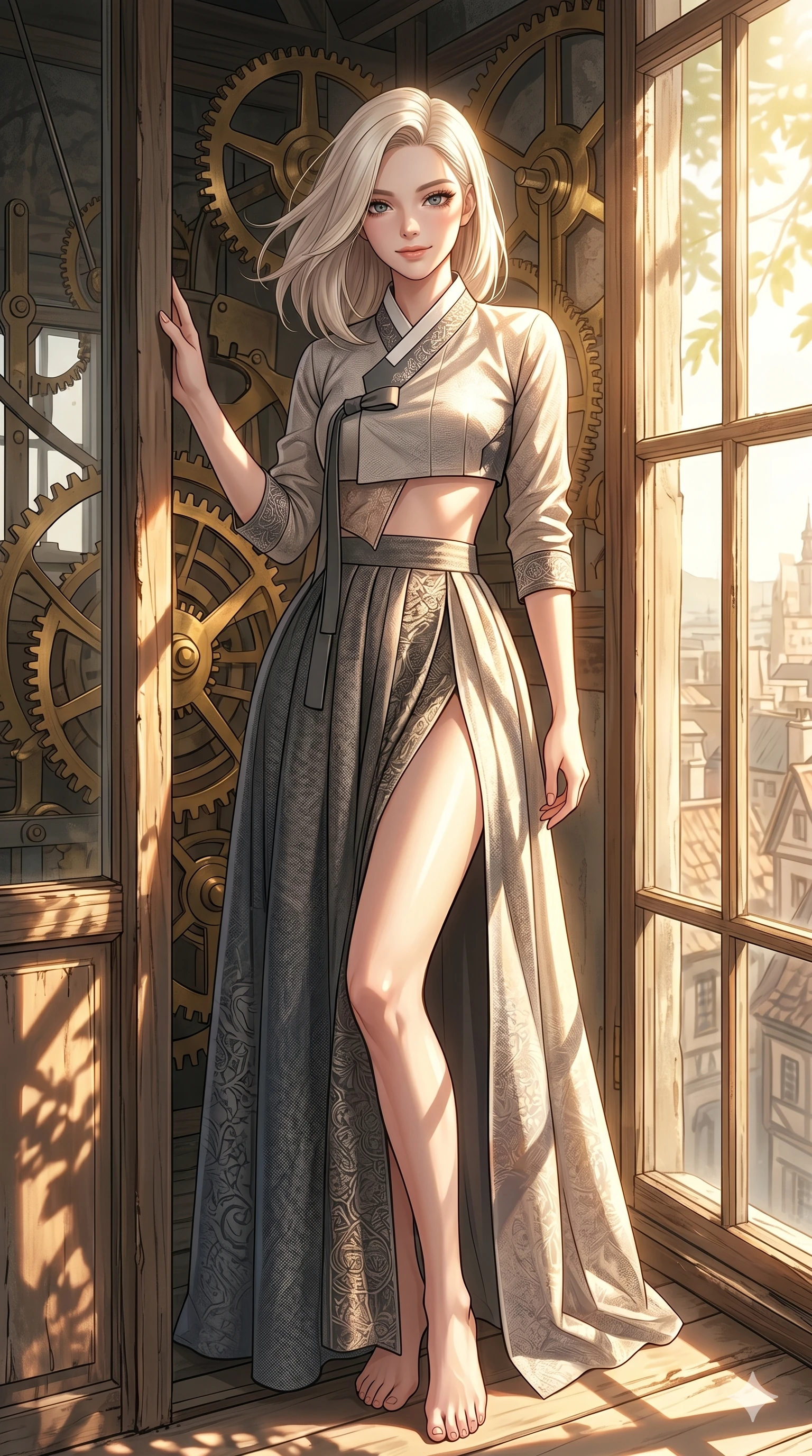 score_9, masterpiece, best quality, ultra-detailed, high-budget anime keyframe, editorial fashion photography, tasteful artistic composition, Caucasian woman, strictly human ears. cowboy shot from the thighs up, character and outfit filling the frame for maximum editorial presence. leaning against the wooden window frame, looking at the viewer with a soft smile in a clock tower with turning brass gears (Code-P17-124). She has an absolutely perfect 8-heads proportion, an exceptionally tall and slender female figure with impossibly long slender legs and an ultra-slim waist. V-shaped jawline, high-bridge nose, intricate jewel-like eyes with depth, thick eyelashes, glossy lips with a natural sheen. wearing a fusion hanbok with exposed waist and high-slit. drenched in brilliant morning sunshine, casting long warm highlights and leaf patterns. 2k, ultra detail, master piece, 9:16 ratio