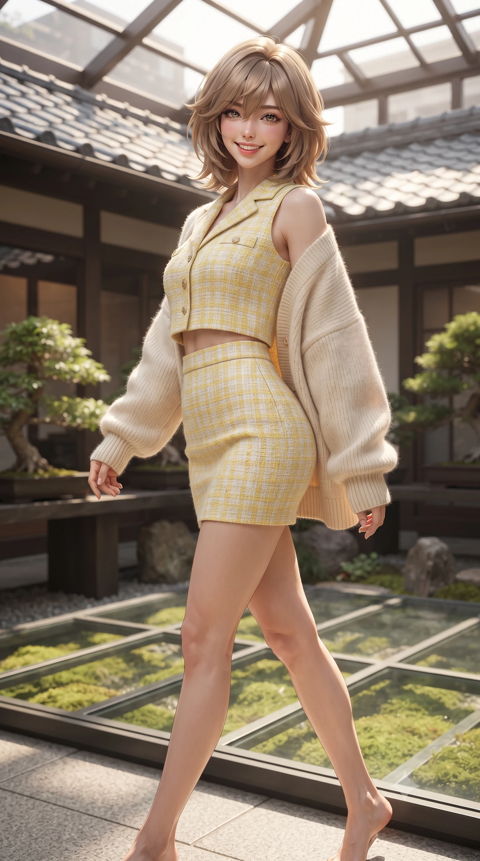 score_9, masterpiece, best quality, ultra-detailed, high-budget anime keyframe, editorial fashion photography, tasteful artistic composition, Japanese woman. low angle full-body shot from head to toe showing her feet, filling the entire 9:16 vertical frame with her statuesque presence, stretching her vertical silhouette. stepping forward gracefully in mid-motion with a radiant beaming smile, hips swaying in an alluring kinetic rhythm that accentuates her curvy hourglass silhouette and long slender legs while standing poised beside a glass-covered moss courtyard garden, twisting her slender torso in an alluring contrapposto stance as morning sunlight filters through traditional roof tiles. The composition keeps background elements in soft focus with dreamy creamy bokeh. glass atrium skylights and leafy bonsai planters softened in nostalgic urban shallow focus. She has an exceptionally tall and slender model-like 8.5-heads proportion, an ultra-slim waist, a flat toned midriff, narrow delicate ribcage, and beautifully sculpted feminine hips creating a graceful, slim hourglass silhouette without any bulky heaviness, with impossibly long slender legs. sharp v-shaped jawline, high-bridge nose, intricate jewel-like sparkling eyes with depth, thick eyelashes, glossy parted lips with a natural peach sheen, bright cheerful beaming smile with an enchanting and coquettish sensual glint, exuding both youthful cute charm and seductive allure, flawlessly proportioned anatomical accuracy, strict slender model proportions, natural body alignment, perfectly sculpted long slender limbs, ultra-slim waistline, clean dynamic posture without body distortion. wearing a cute pastel tweed two-piece set with a cropped jacket and ultra-fitted high-waisted mini skirt tracing her hips in bright butter yellow and fresh cream white, tailored from fine lightweight chiffon that flutters gently in the breeze, complemented by an oversized soft knit cardigan slipping off one bare shoulder, the glove-like silhouette tightly following the natural contour of her hips and long slender legs with youthful 8.5-heads elegance. illuminated by warm wood bounce light sharply sculpting her razor-sharp jawline, narrow waist, and curvy hips. ultra-reflective glossy finish, specular highlights, rich textural contrasts, high-contrast stereoscopic depth, volumetric dynamic lighting, 2k, ultra detail, master piece, 9:16 ratio